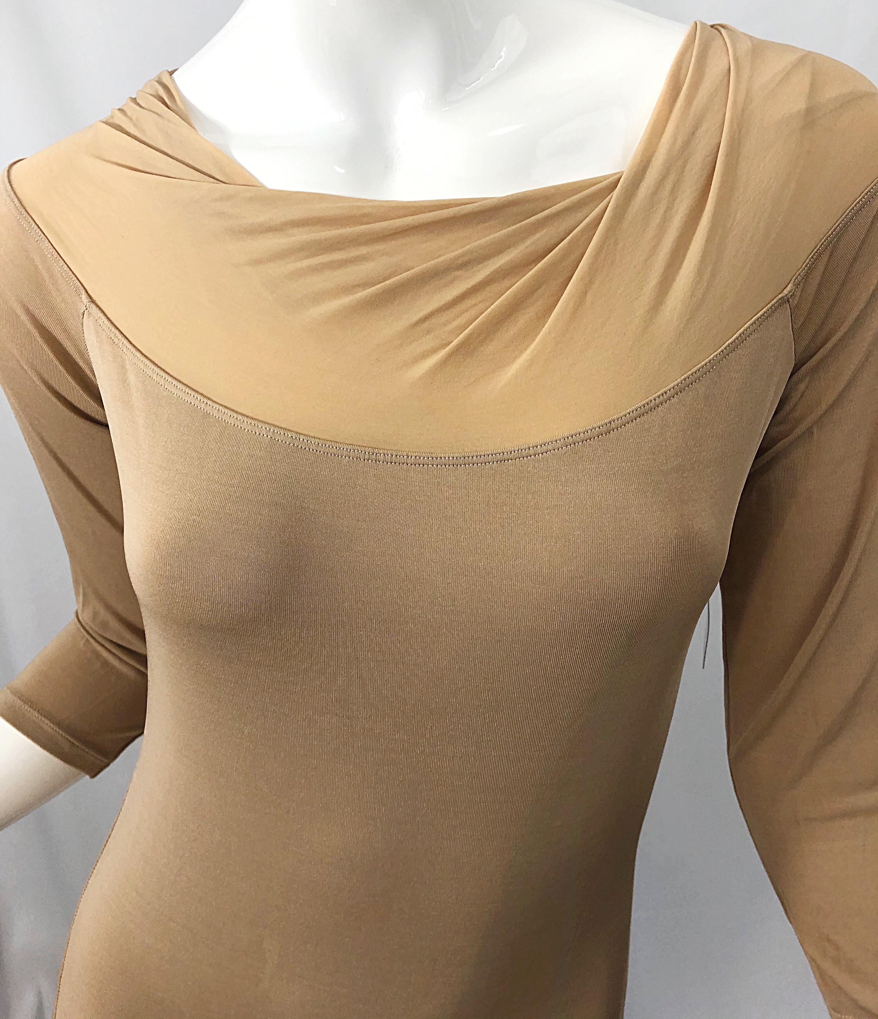 NWT $950 Donna Karan Collection 1990s Camel Nude 3/4 Sleeve One Piece Bodysuit M 3
