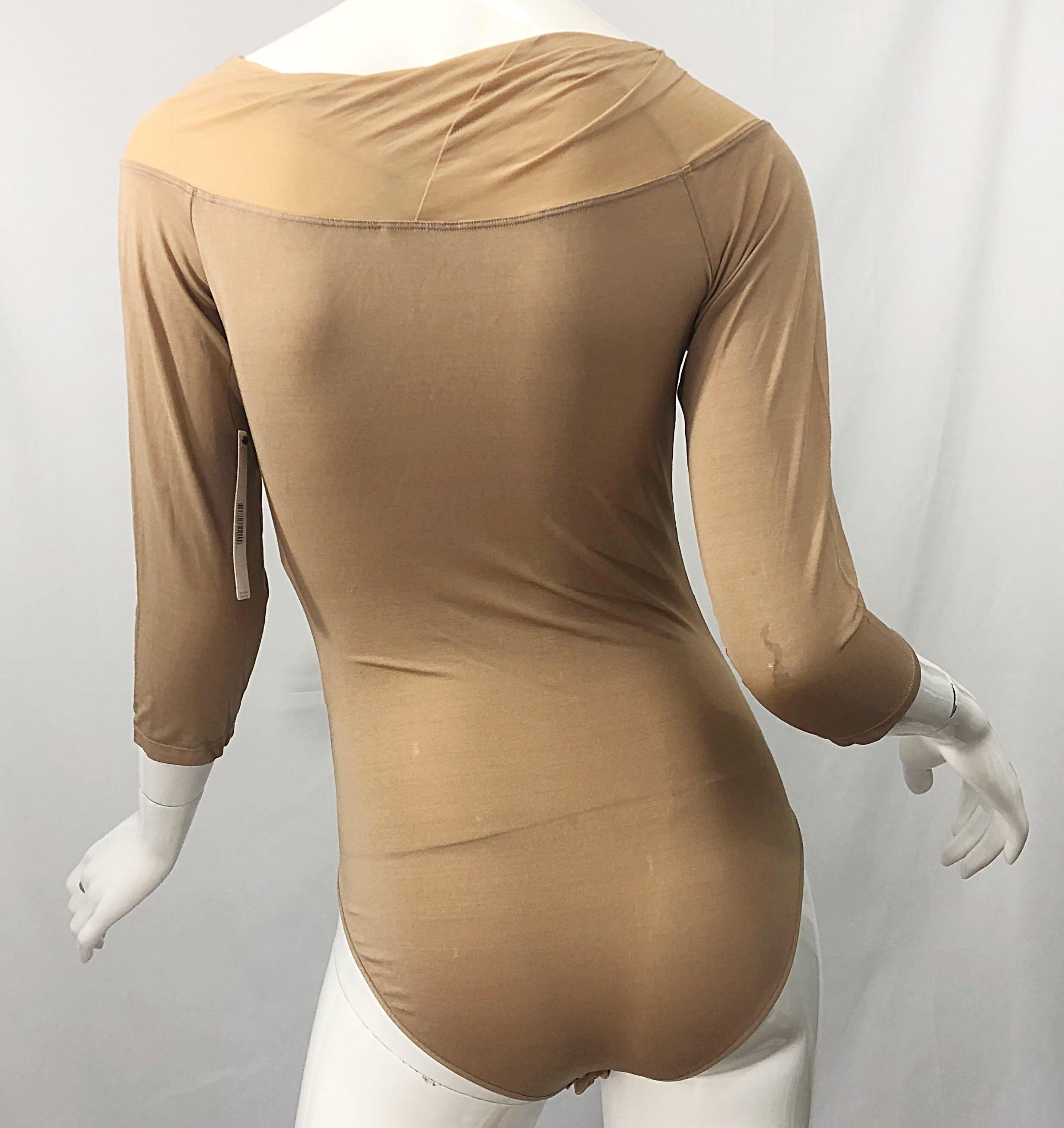 NWT $950 Donna Karan Collection 1990s Camel Nude 3/4 Sleeve One Piece Bodysuit M 4