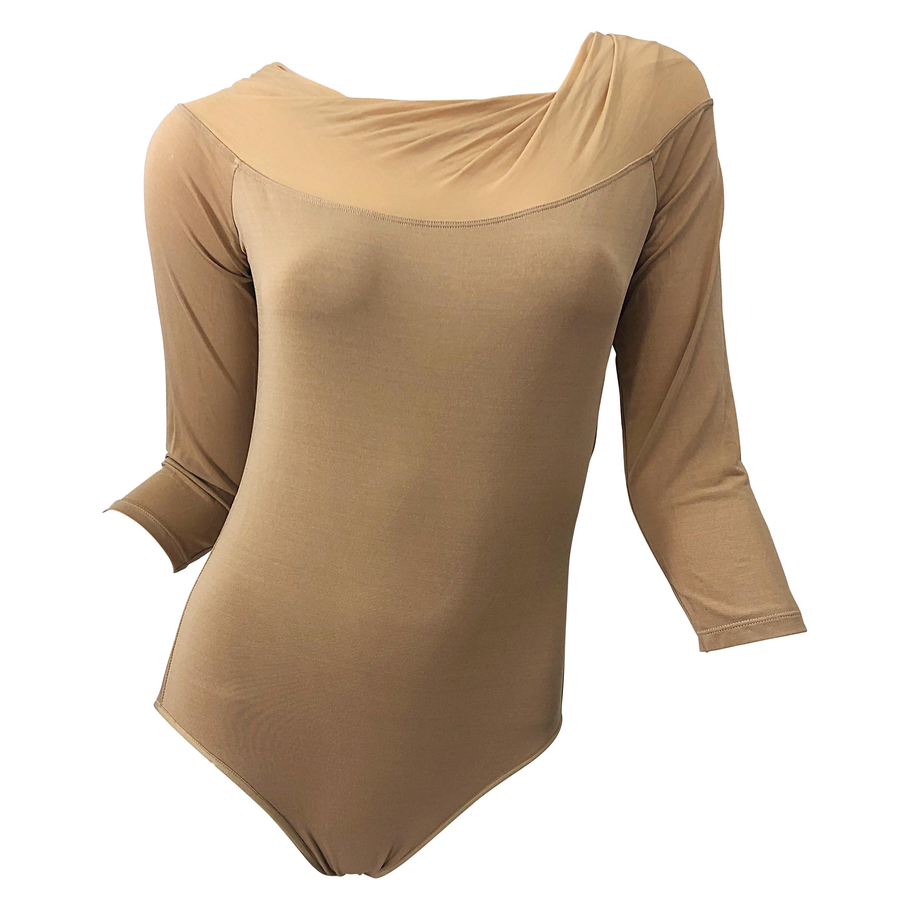 NWT $950 Donna Karan Collection 1990s Camel Nude 3/4 Sleeve One Piece Bodysuit M