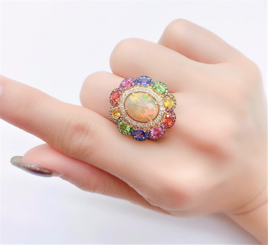 NWT 9, 509 Rare 18KT Fancy Large Glittering Opal Rainbow Sapphire Diamond Ring In New Condition For Sale In New York, NY