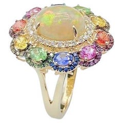 Bague fantaisie en or 18 carats avec grande opale pailletée, saphir arc-en-ciel et diamants, neuve avec étiquette, 9,509