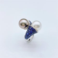 NWT $9, 559 18kt Gold Rare Natural Pearl Blue Sapphire Diamond Crossover Ring