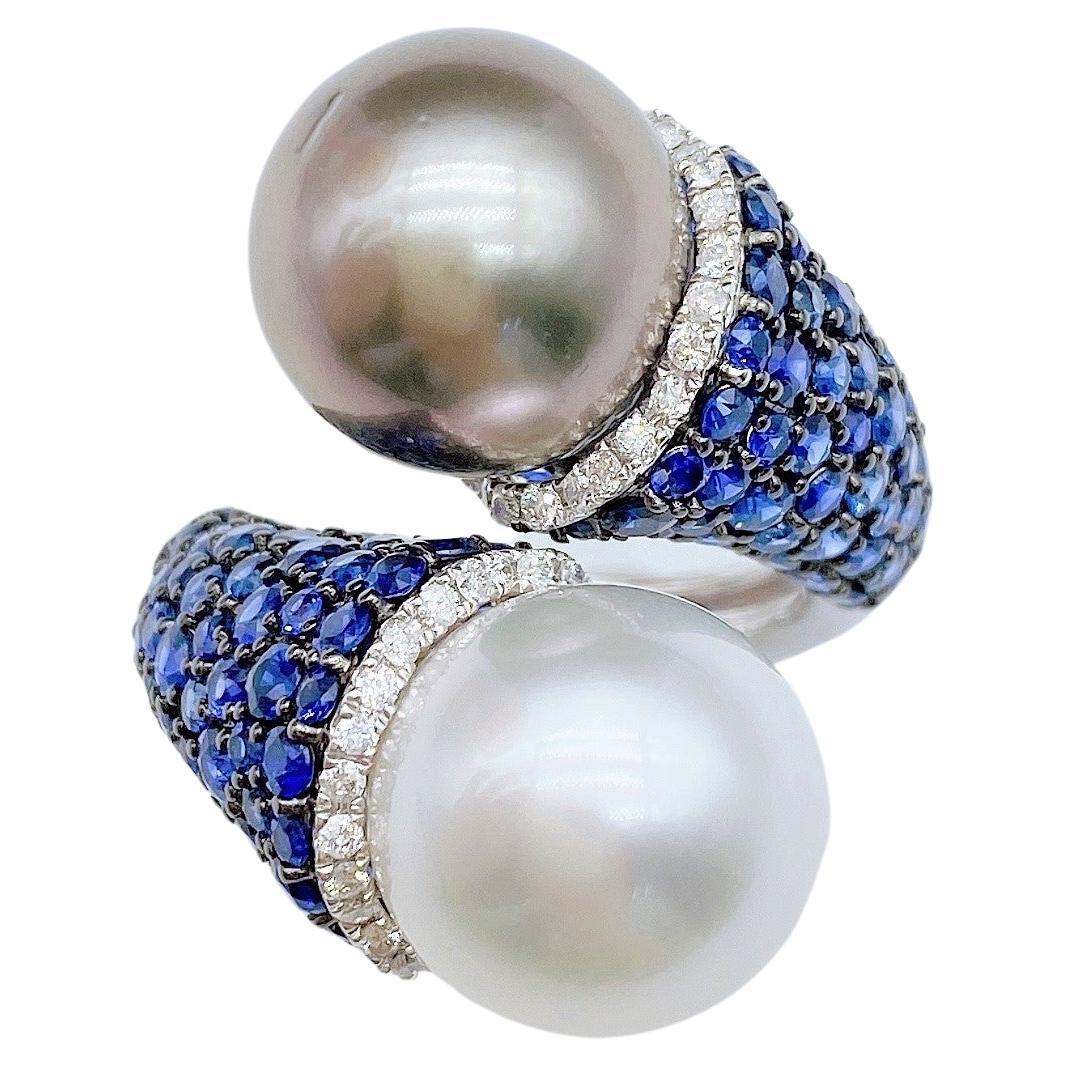 NWT $9, 559 18kt Gold Rare Natural Pearl Blue Sapphire Diamond Crossover Ring For Sale