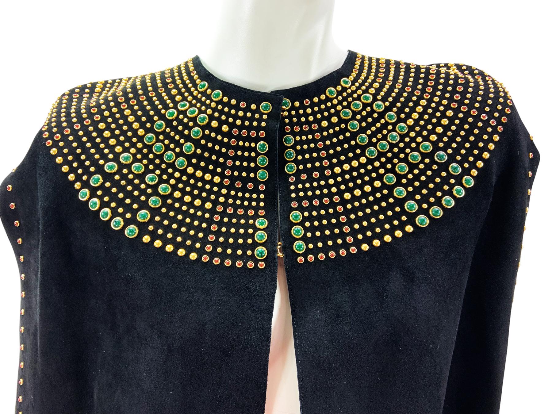 NWT $9800 Valentino Noir Cuir Daim Studded Fringe Trim Cape size 4 Oversize en vente 2