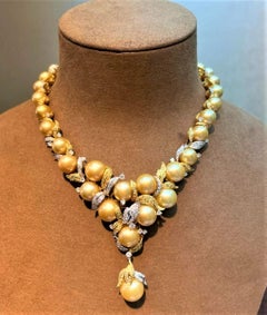 NWT $98, 000 Precioso collar de diamantes amarillos y perlas doradas del Mar del Sur en oro de 18 quilates