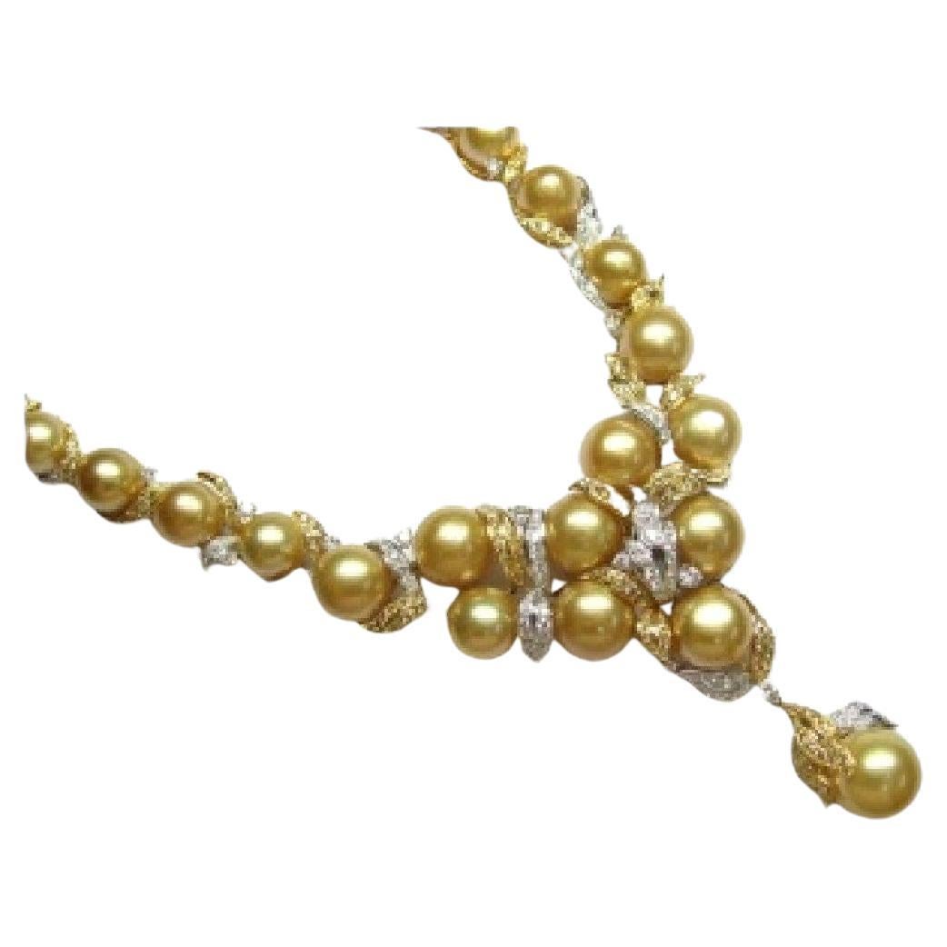 NWT $98, 000 Gorgeous 18KT Gold South Sea Golden Pearl Yellow Diamond Necklace For Sale