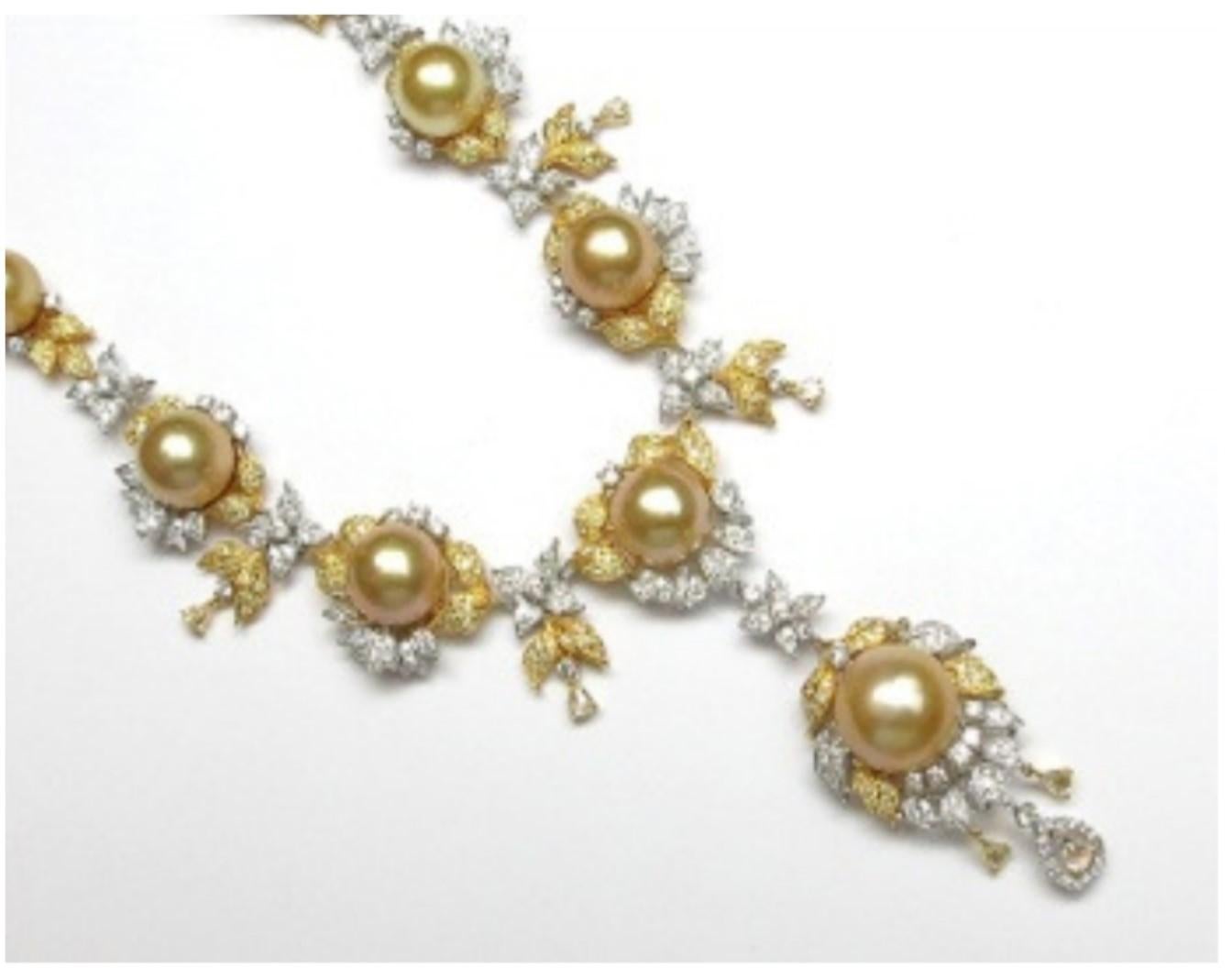 The Following Item we are offering is this Beautiful Important 18KT Gold Magnificent Rare Golden South Sea Pearl and Fancy Yellow Diamond Necklace. Necklace is comprised of 14 Beautiful Magnificent High Luster Large South Sea Golden Pearls that
