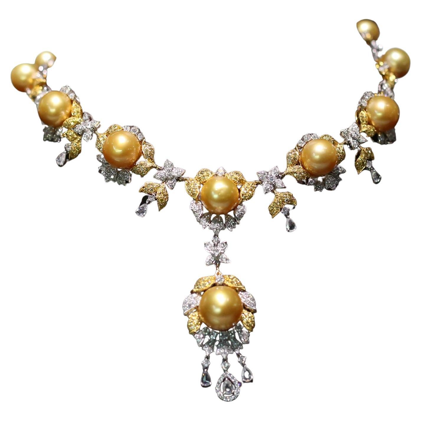 NWT $99, 000 Gorgeous 18KT South Sea Golden Pearl Fancy Yellow Diamond Necklace For Sale