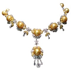 Superbe collier en or 18 carats avec perles des mers du Sud et diamants jaunes de couleur jaune fantaisie, neuf avec étiquette, 9 000 $