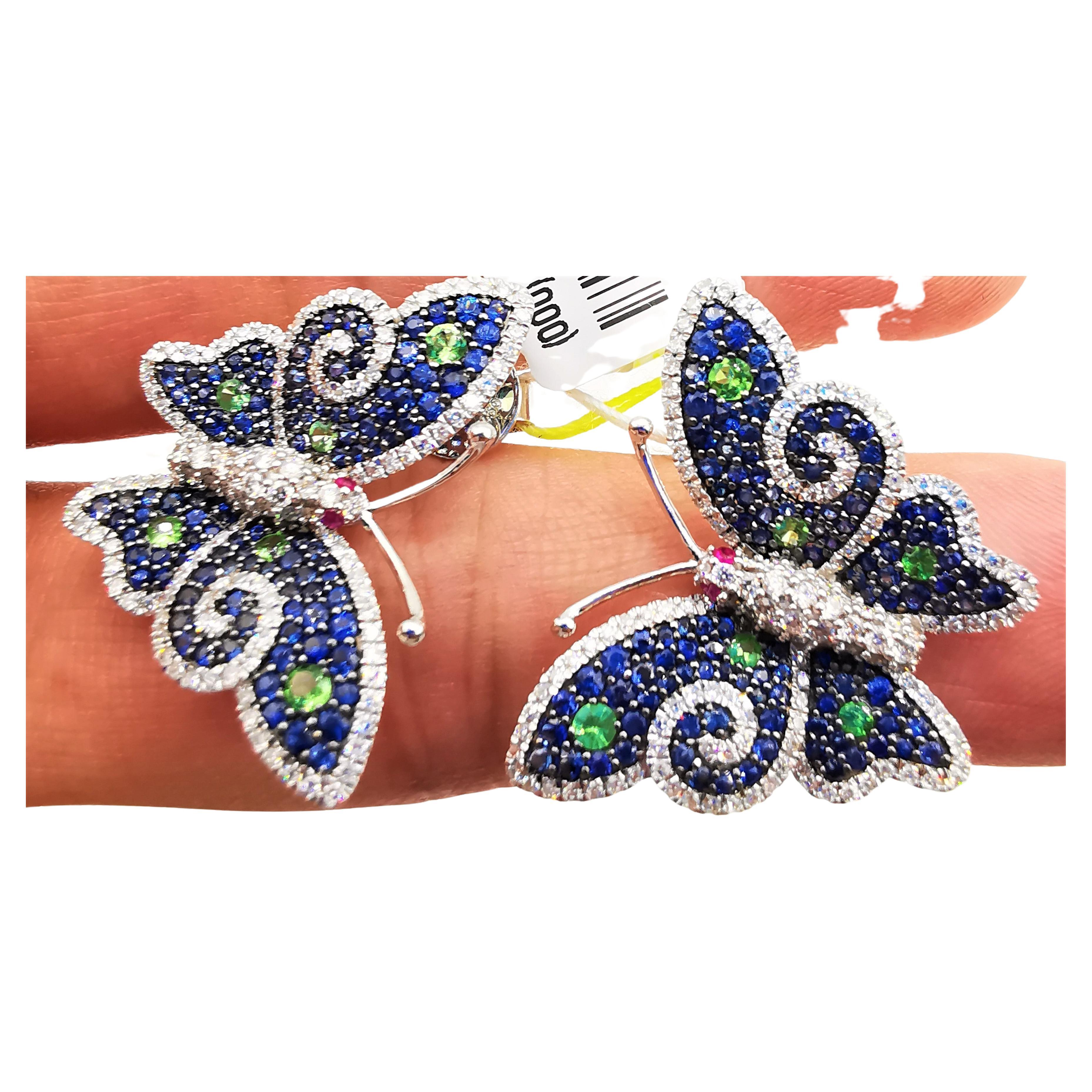 Boucles d'oreilles papillon en or 18 carats avec magnifique saphir bleu, diamants et rubis 9949 carats, neuves avec étiquette
