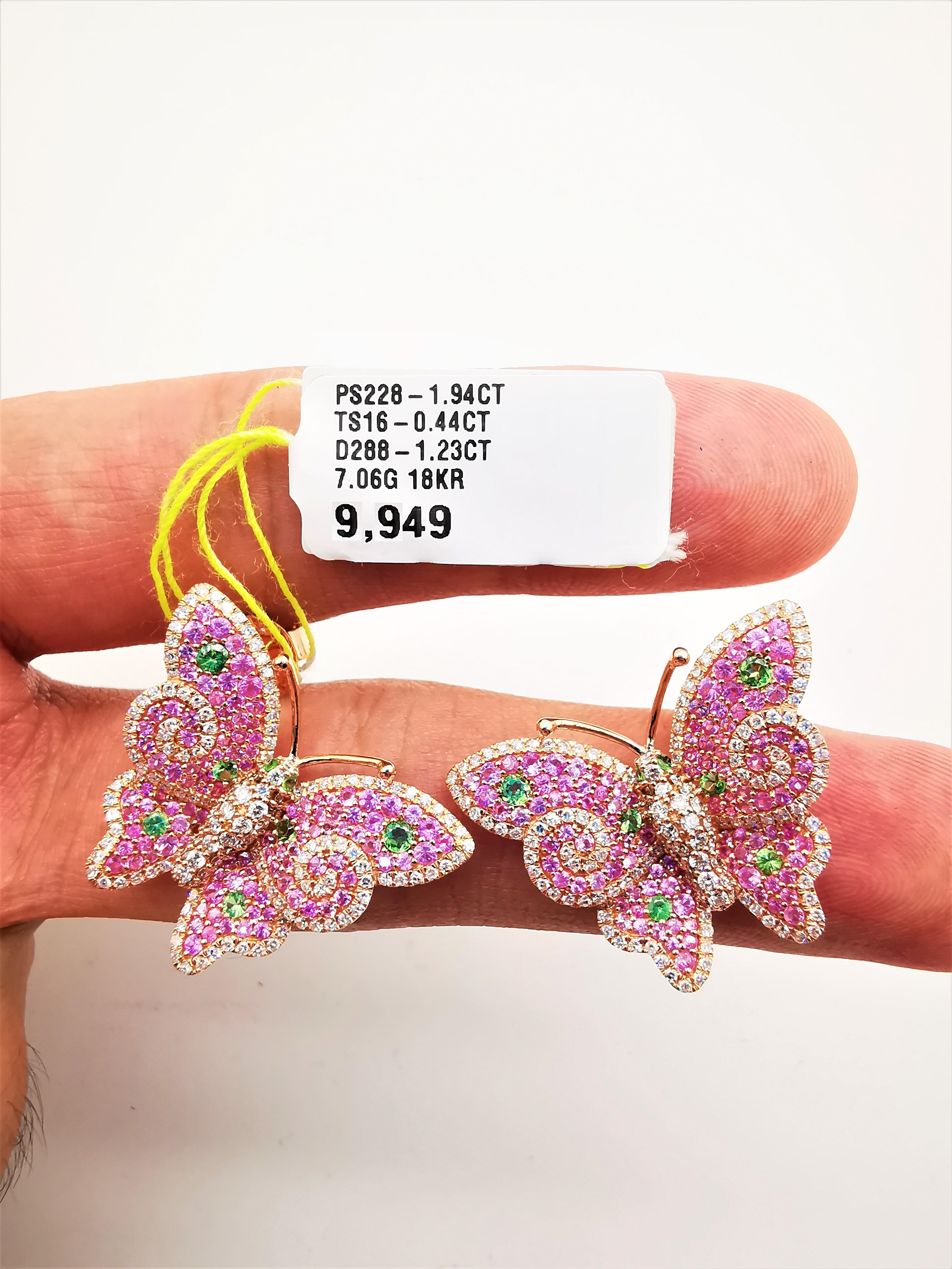 Women's NWT 9, 949 18KT Gold Rare Gorgeous Pink Sapphire Diamond Butterfly Earrings For Sale