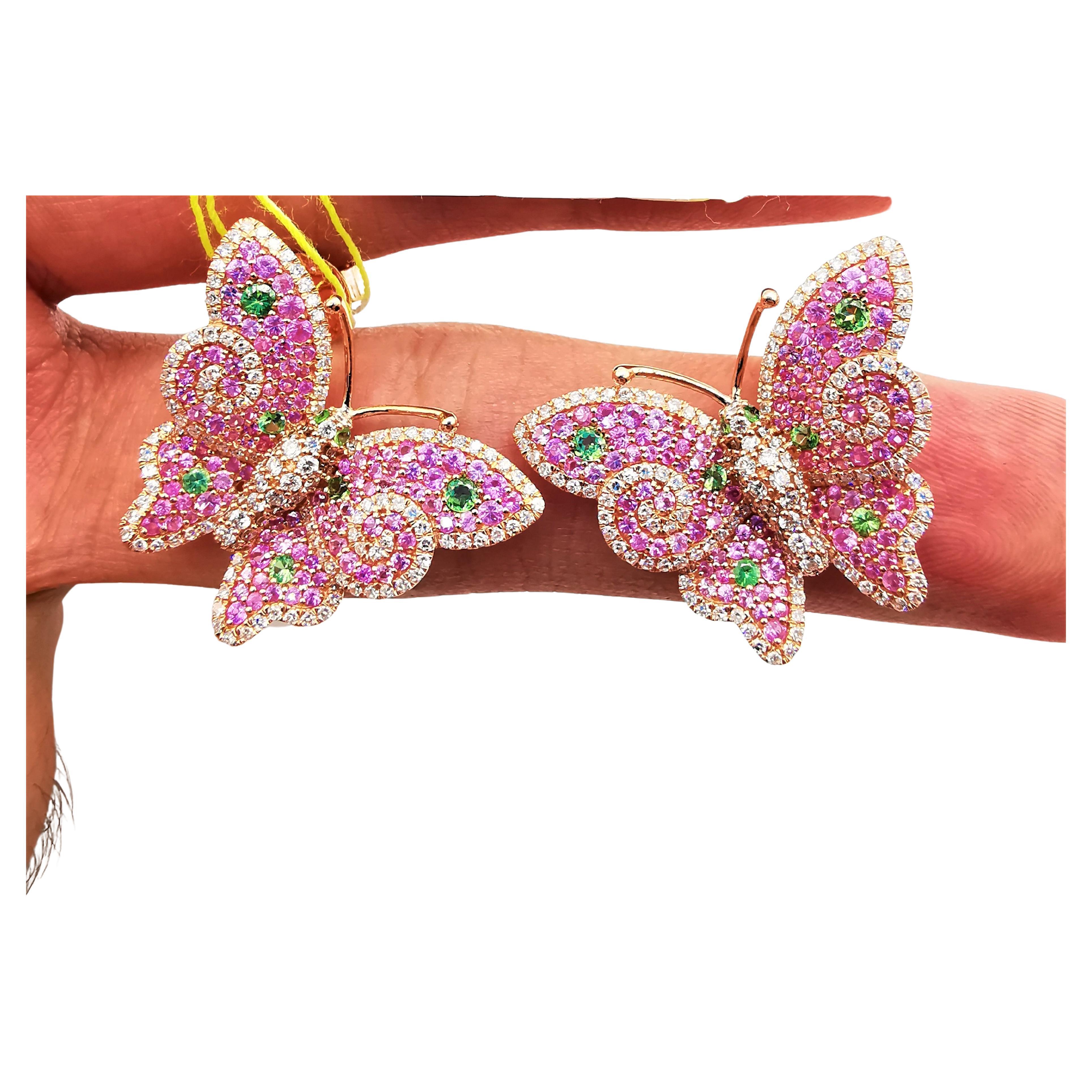 NWT 9, 949 18KT Gold Rare Gorgeous Pink Sapphire Diamond Butterfly Earrings For Sale