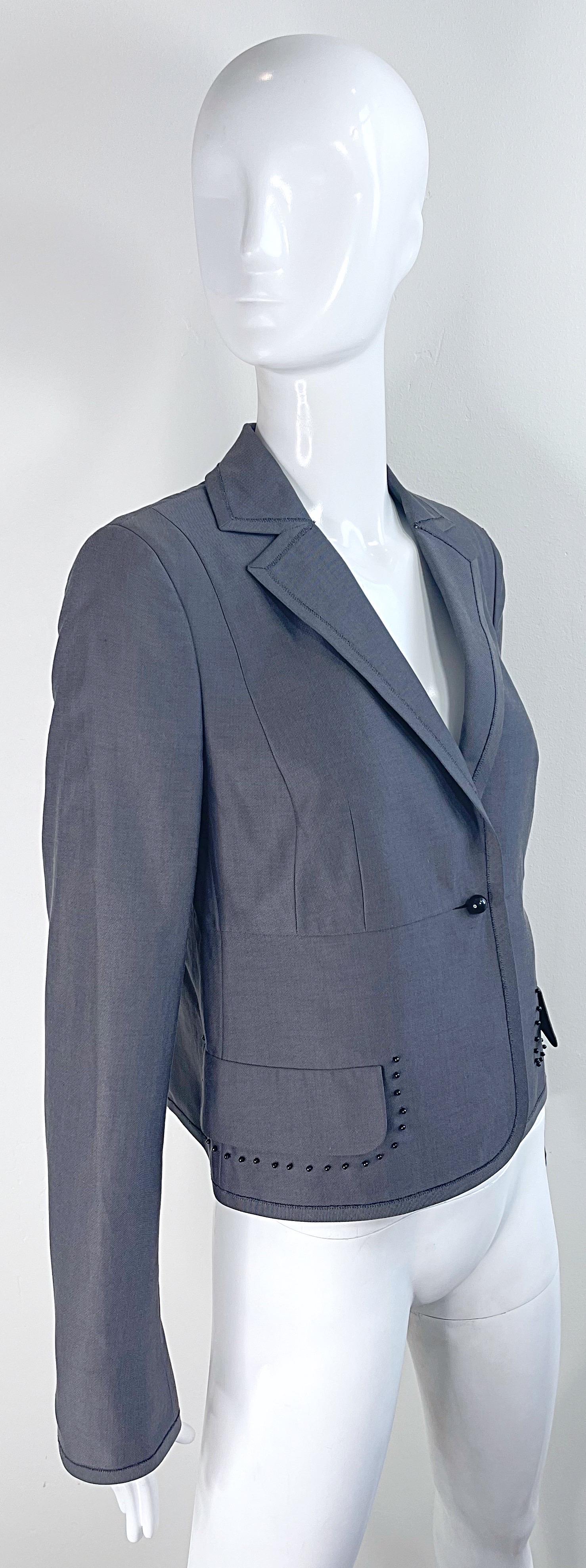 NWT Akris $3k Size 8 Grey Black Beaded Silk Cotton 2000s Blazer Jacket Saks 5th For Sale 7
