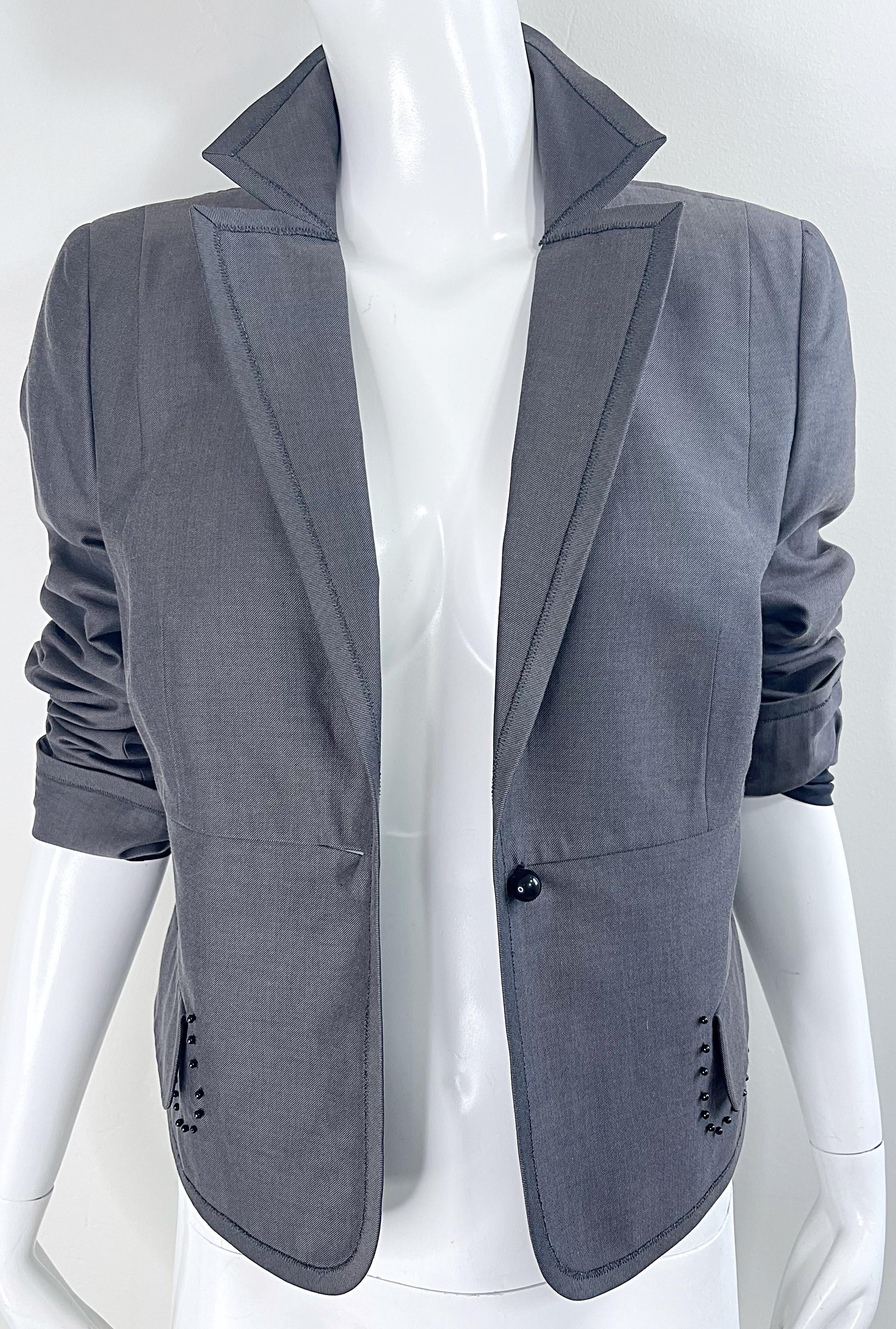 NWT Akris $3k Size 8 Grey Black Beaded Silk Cotton 2000s Blazer Jacket Saks 5th For Sale 12