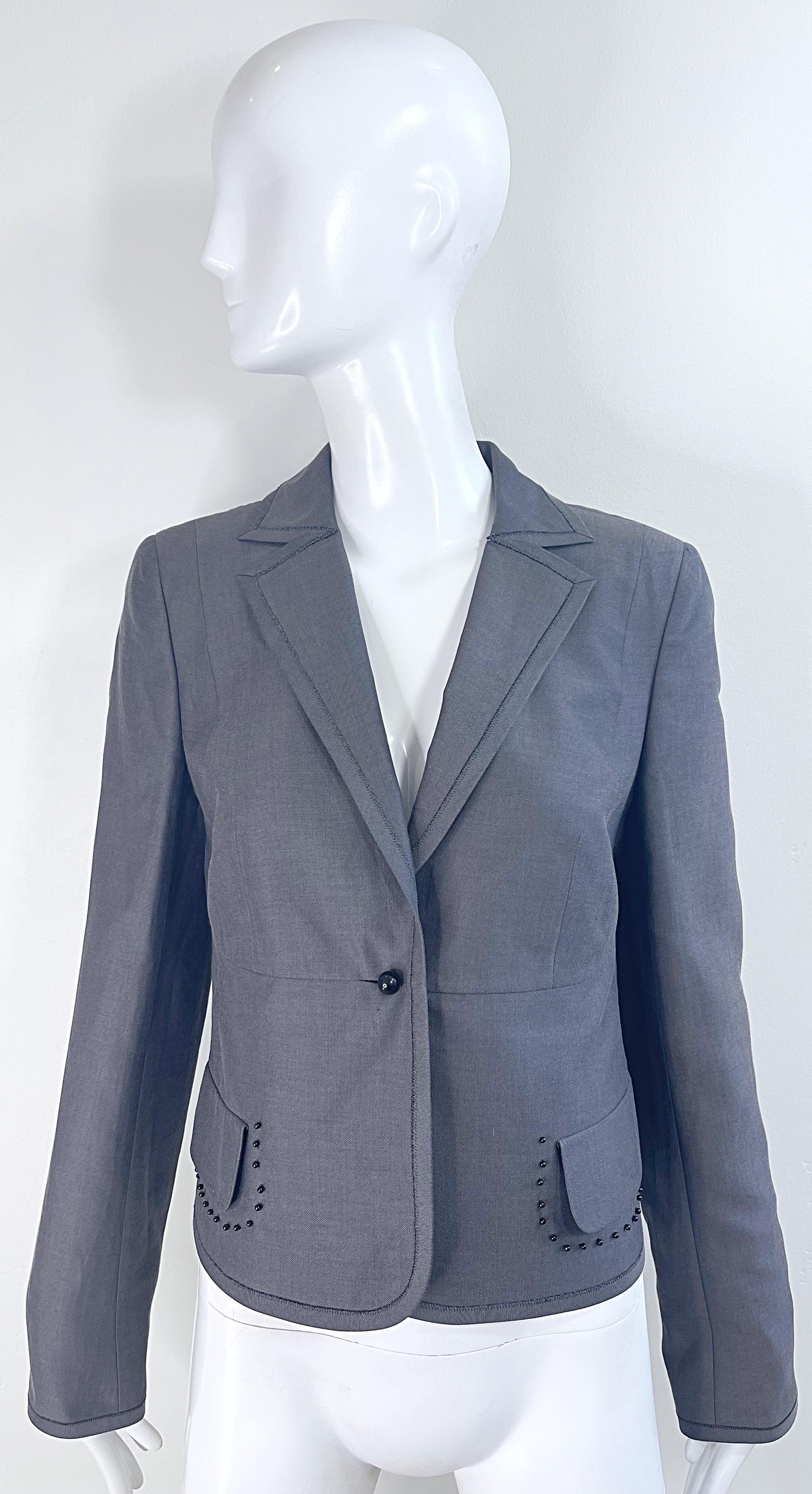 NWT Akris $3k Size 8 Grey Black Beaded Silk Cotton 2000s Blazer Jacket Saks 5th For Sale 14