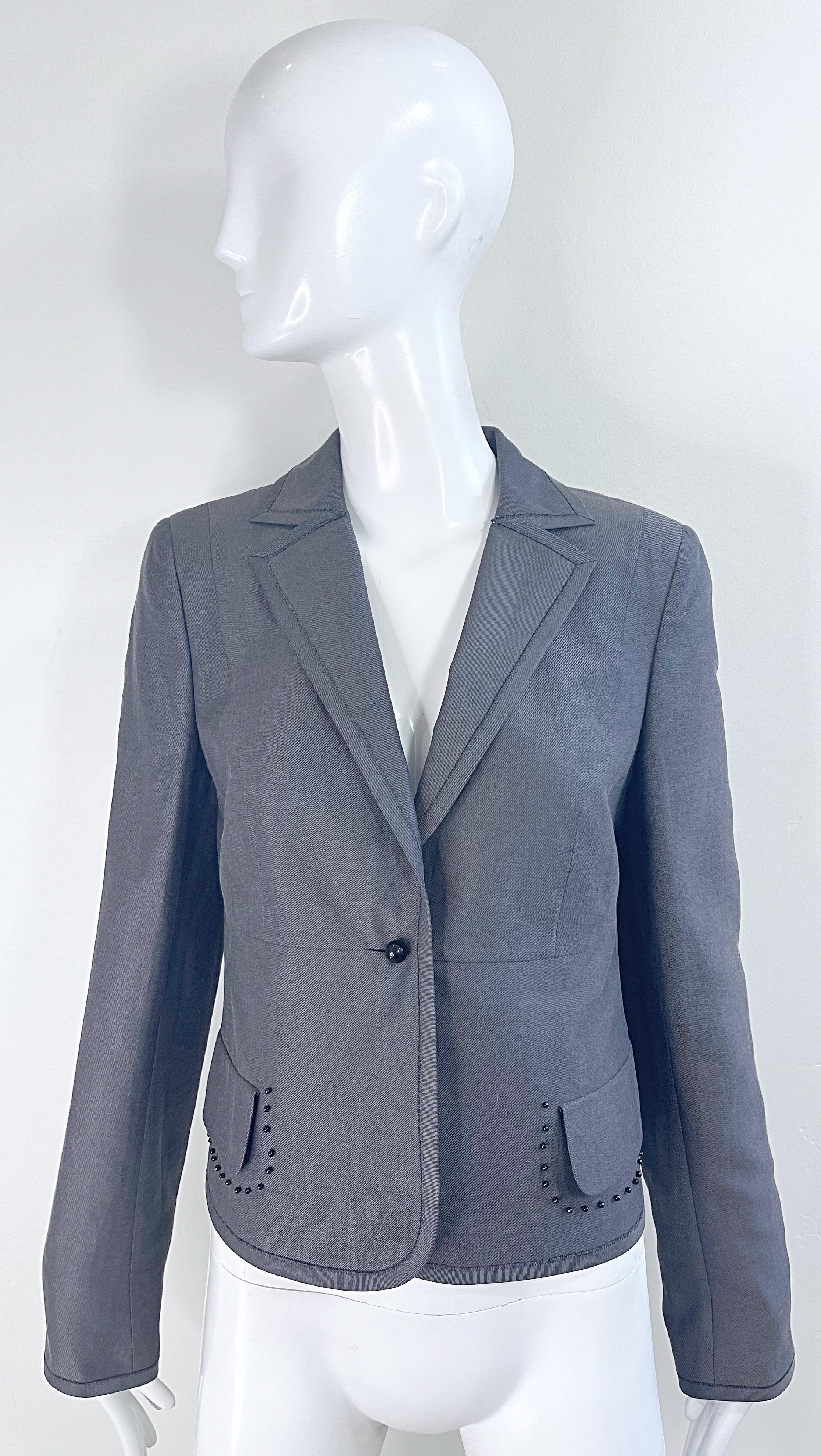 NWT Akris $3k Size 8 Grey Black Beaded Silk Cotton 2000s Blazer Jacket Saks 5th In New Condition For Sale In San Diego, CA