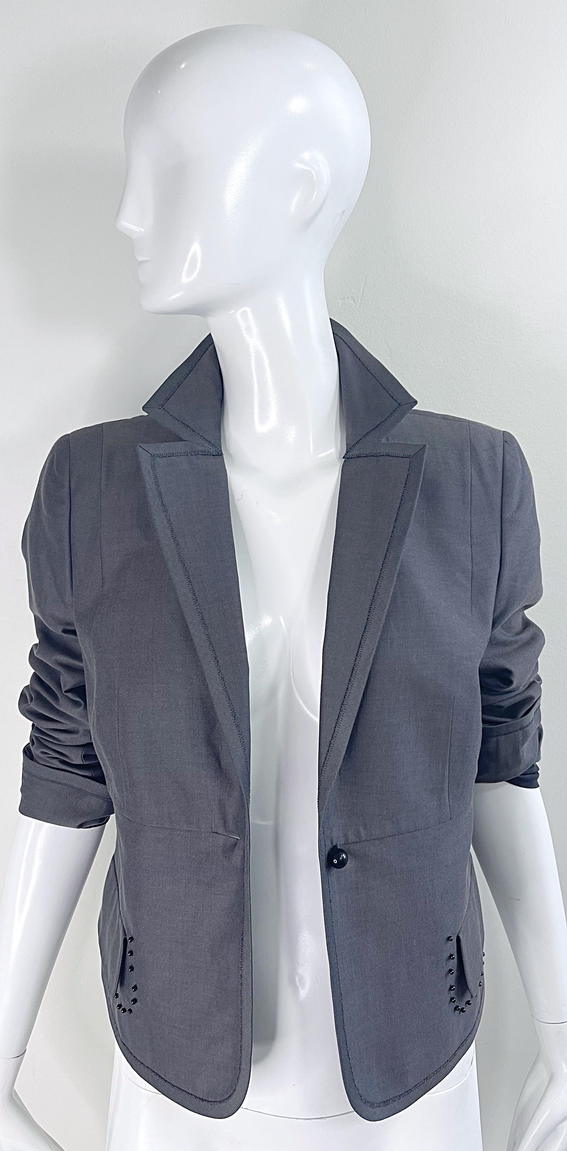 NWT Akris $3k Size 8 Grey Black Beaded Silk Cotton 2000s Blazer Jacket Saks 5th For Sale 3
