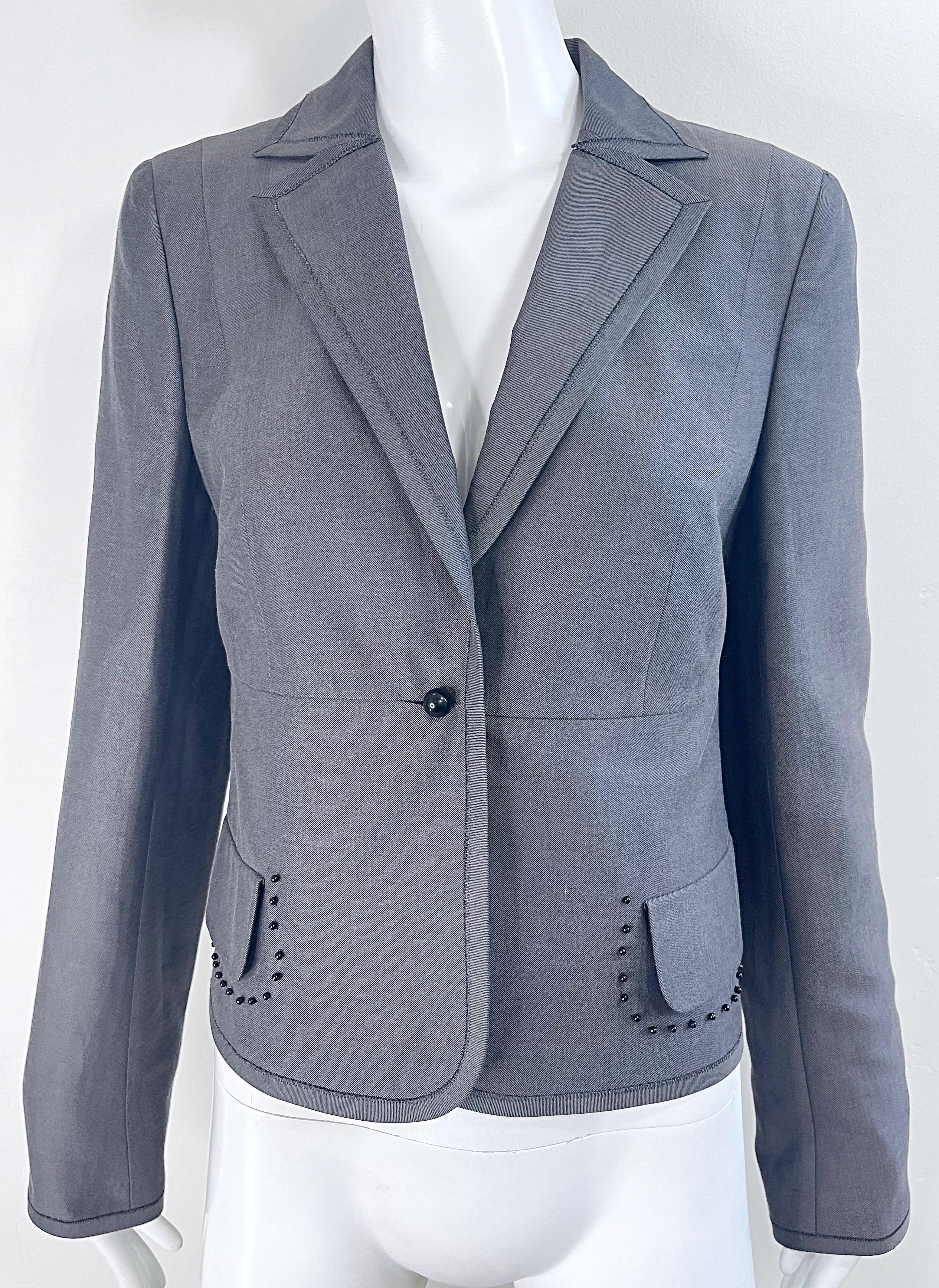 NWT Akris $3k Size 8 Grey Black Beaded Silk Cotton 2000s Blazer Jacket Saks 5th For Sale 5
