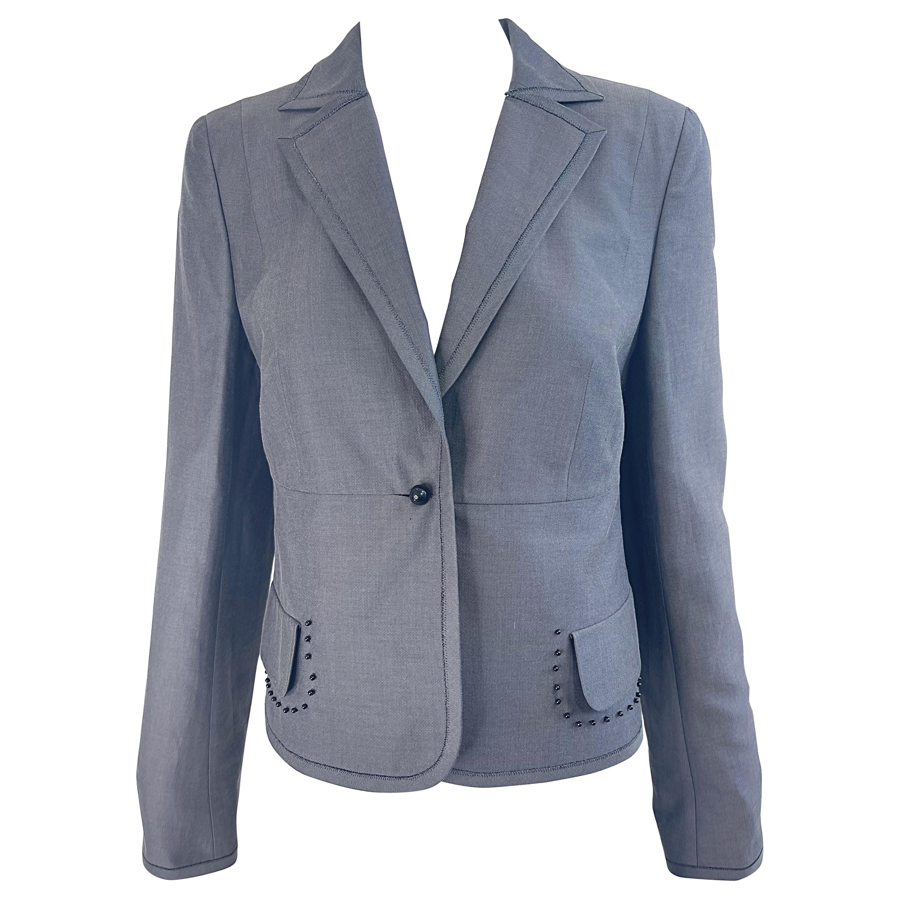 NWT Akris $3k Taglia 8 Grigio Nero Perline Seta Cotone Giacca Blazer Anni 2000 Saks 5th in vendita
