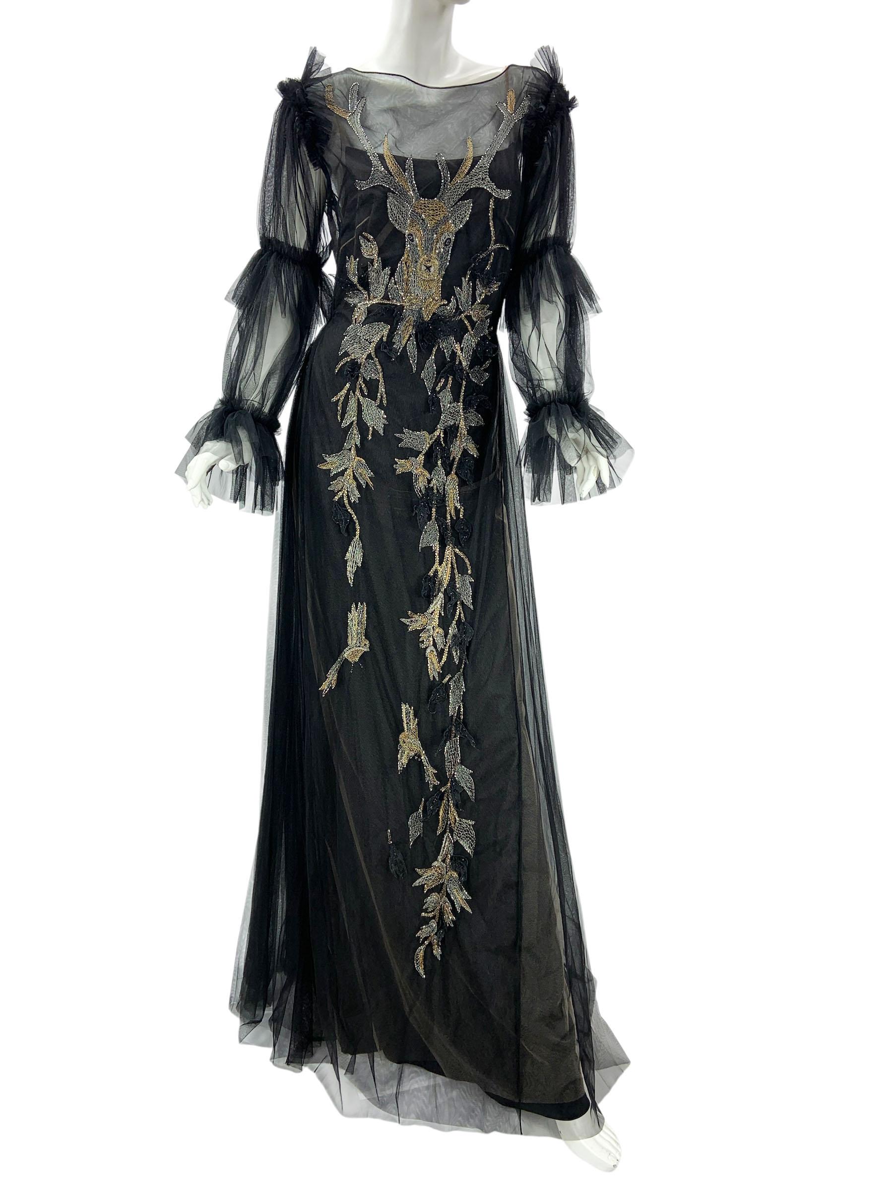 Nero NWT Alberta Ferretti PF 2018 Abito in tulle nero con ricami metallici It. 44 in vendita