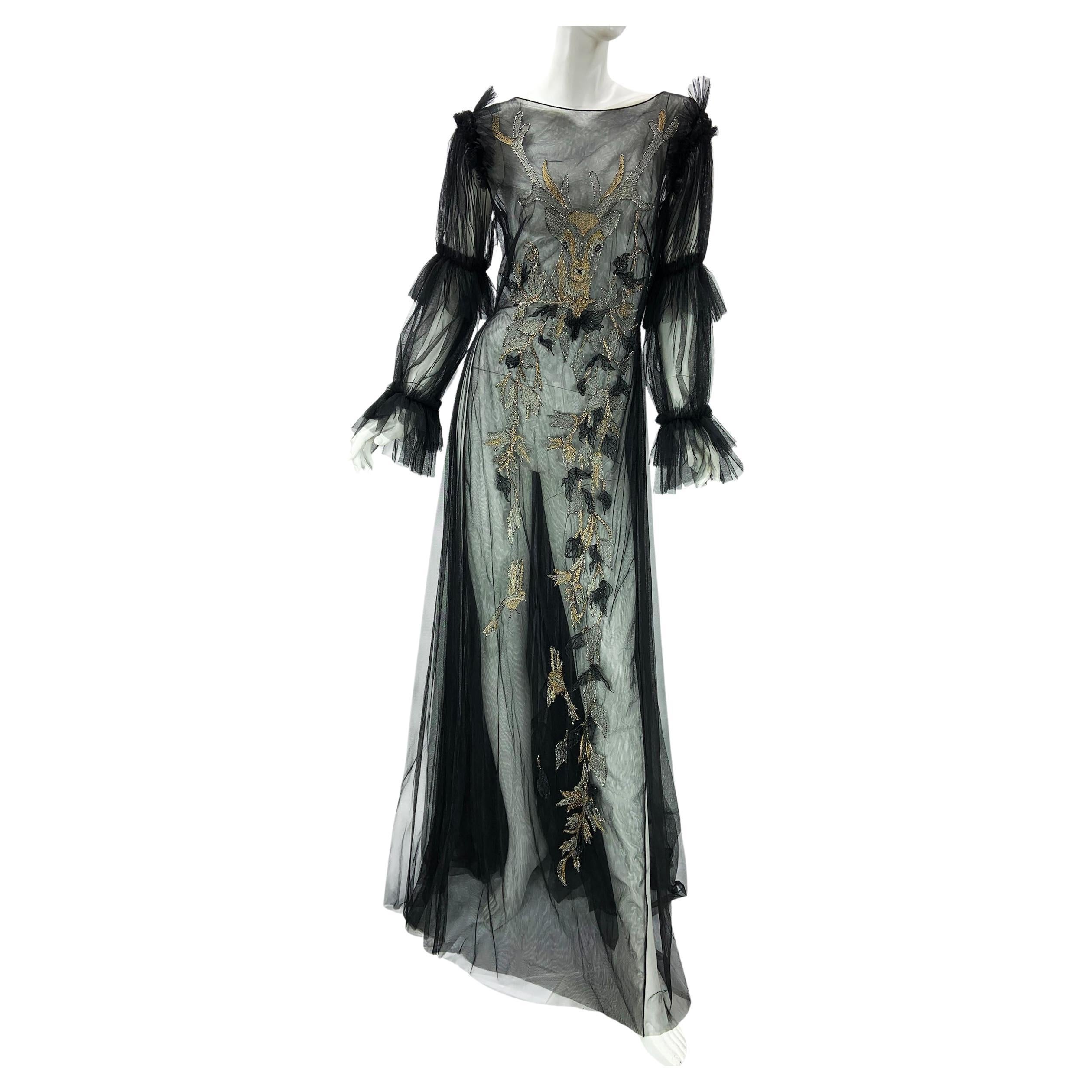 NWT Alberta Ferretti PF 2018 Abito in tulle nero con ricami metallici It. 44 in vendita