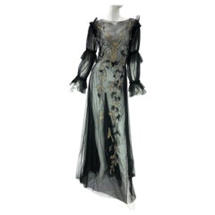 NWT Alberta Ferretti PF 2018 Black Tulle Gown with Metallic Embroidery It. 44