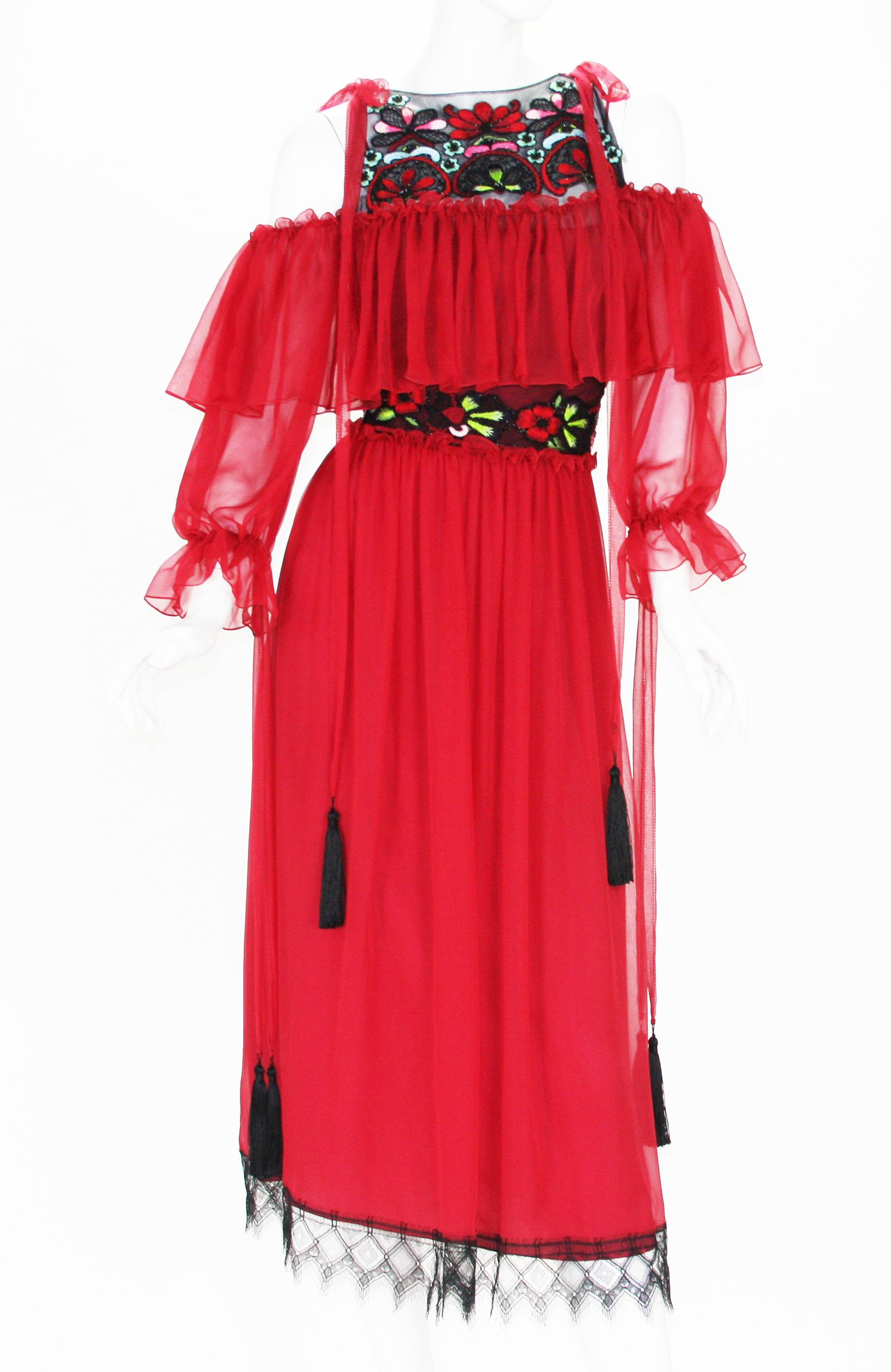NWT Alberta Ferretti Red Silk Beaded Tassel Lace Long Dress Italian 42 For Sale 7