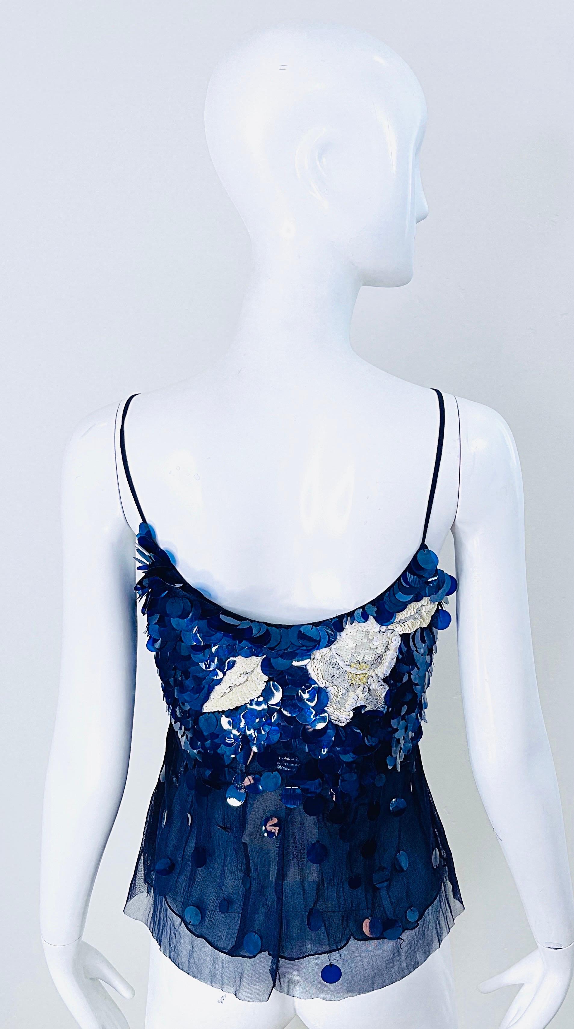 NWT Gianfranco Ferre Size 8 Navy Blue White Sequin Paillettes Silk Chiffon Top For Sale 7