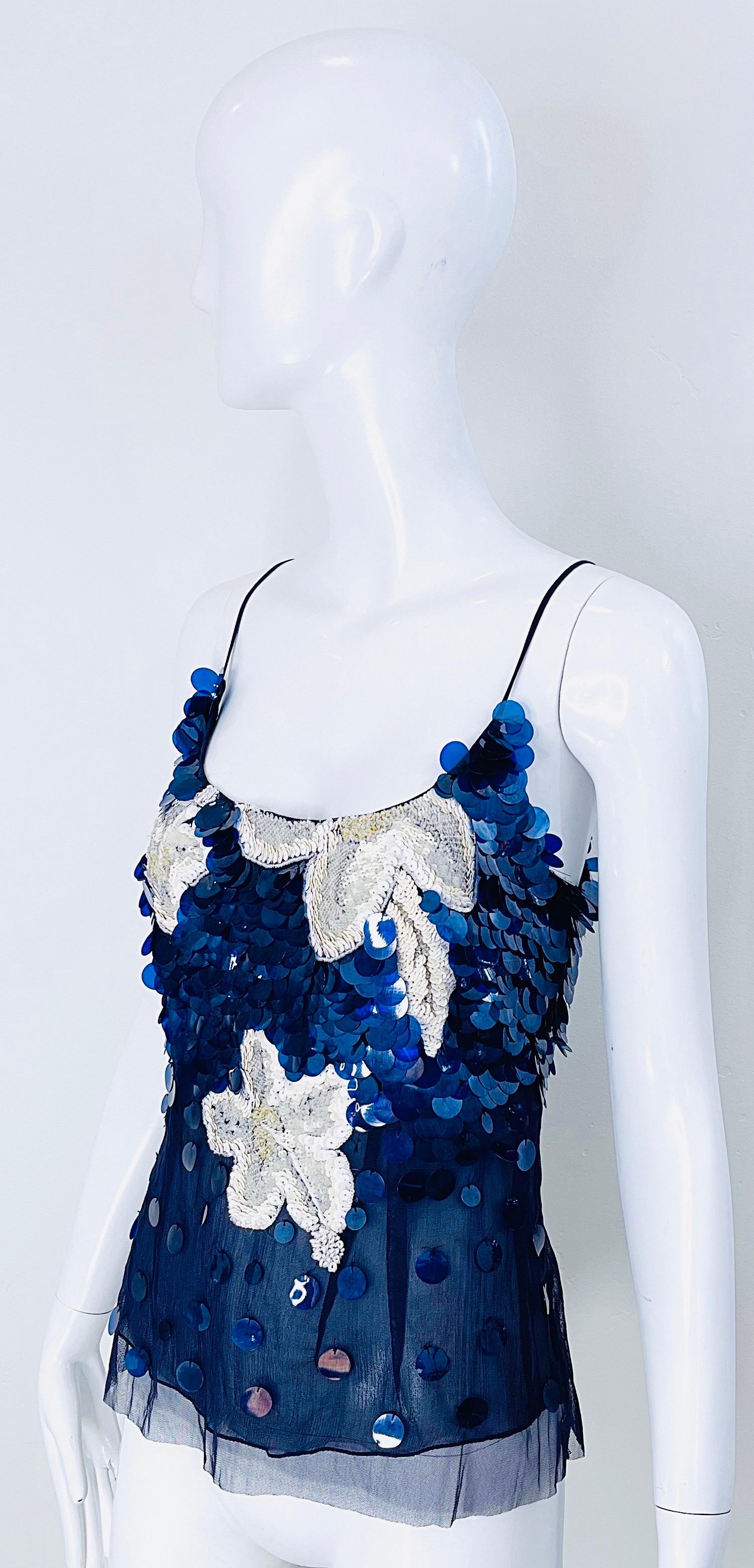 NWT Gianfranco Ferre Size 8 Navy Blue White Sequin Paillettes Silk Chiffon Top For Sale 8