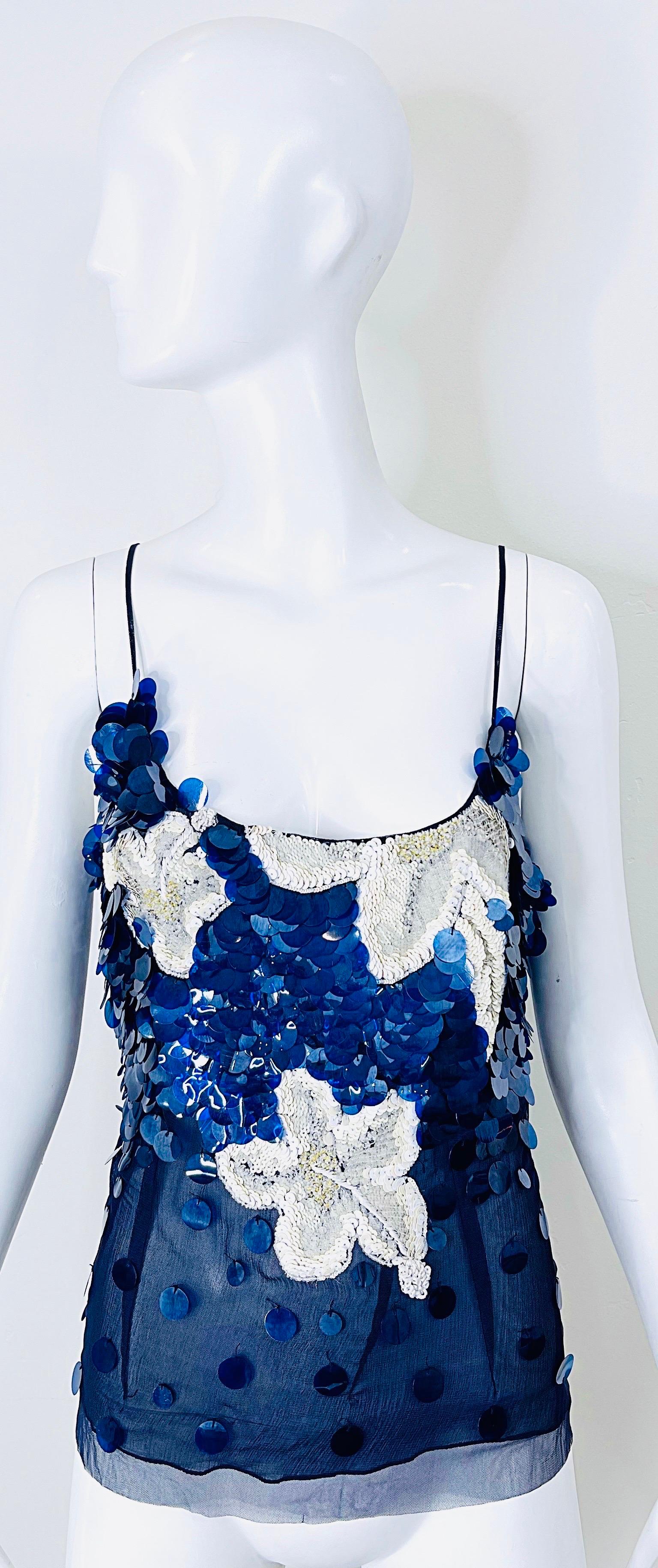 NWT Gianfranco Ferre Size 8 Navy Blue White Sequin Paillettes Silk Chiffon Top For Sale 10