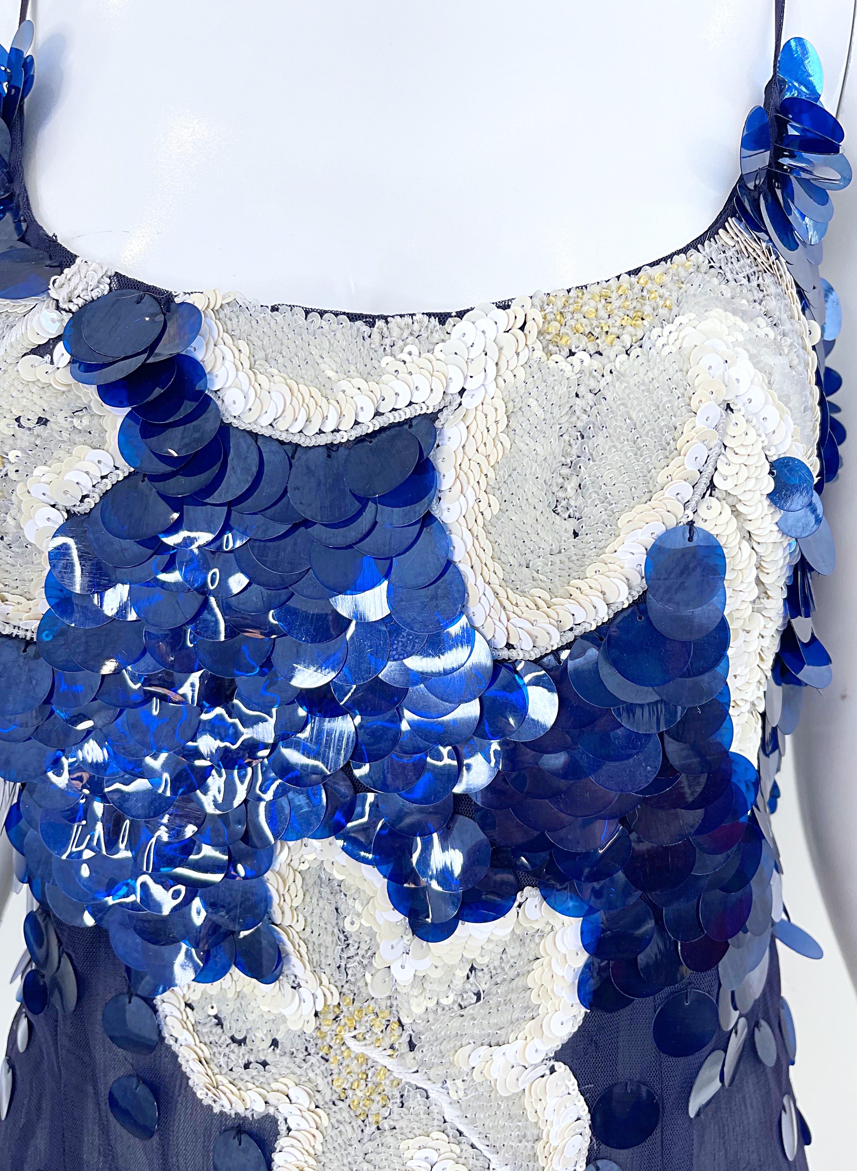Women's NWT Gianfranco Ferre Size 8 Navy Blue White Sequin Paillettes Silk Chiffon Top For Sale