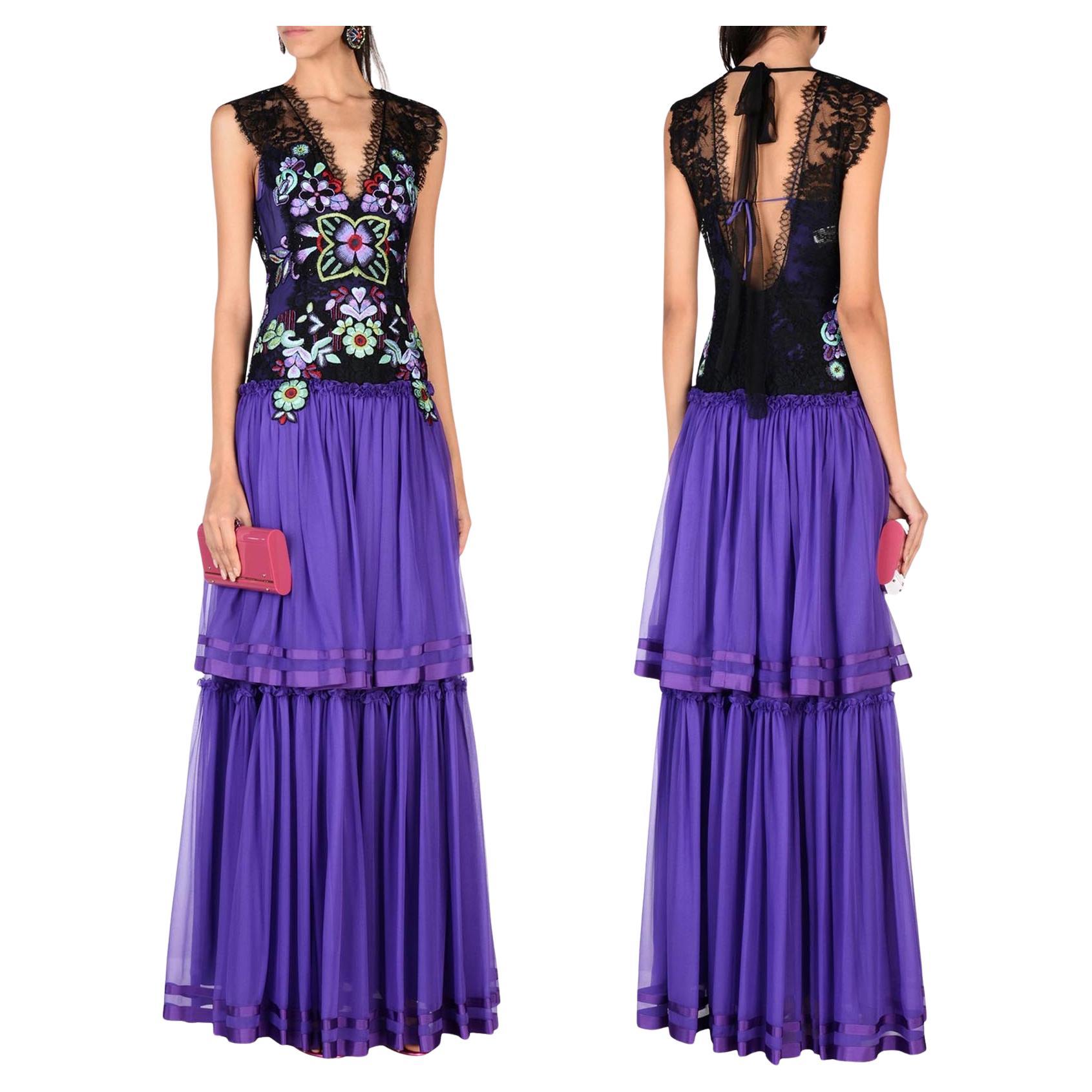 NWT Alberta Ferretti SS 2017 Collection Beaded Embroidered Lace Silk Gown 44  42 For Sale