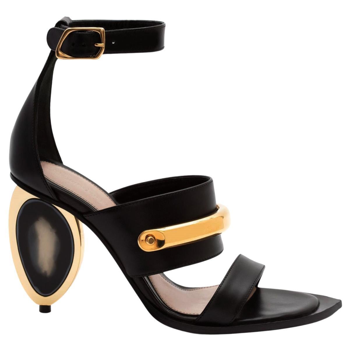 NWT Alexander McQueen Black Leather Gold Cuff Bar Strap Shoes Sandals Italian 36 For Sale