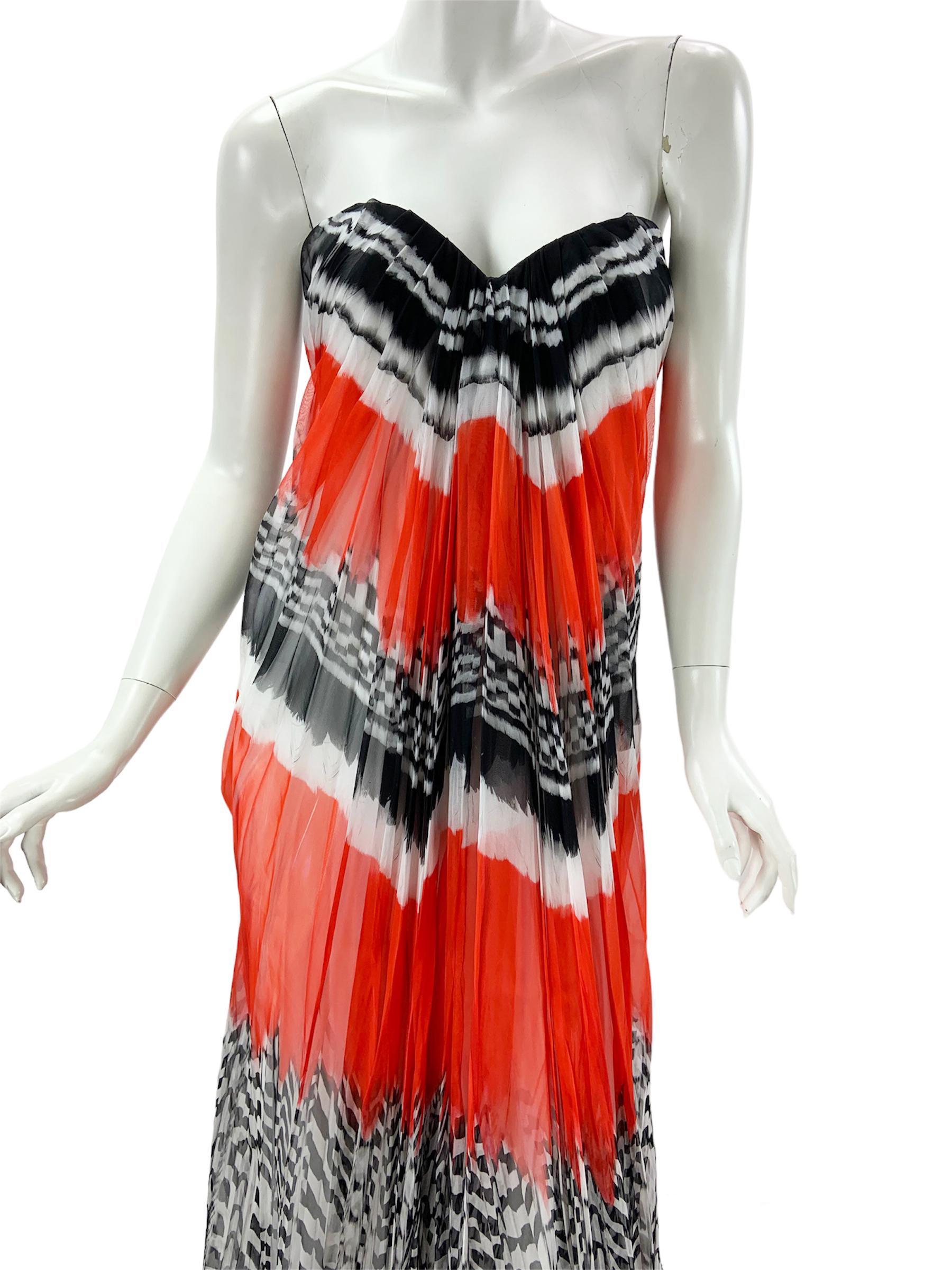 NWT Alexander McQueen S/S 2014 Silk Feather Print Bustier Dress Gown It 46 US 10 For Sale 2