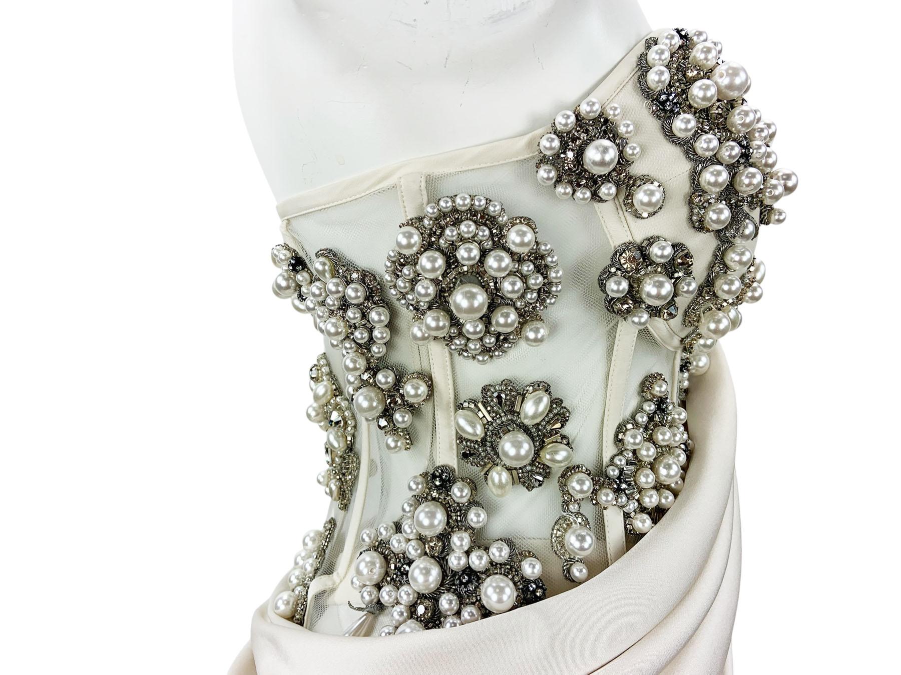 NWT Alexander McQueen SS 2021 Cream Pearl Satin Corset Embellished Dress Gown 40 For Sale 5
