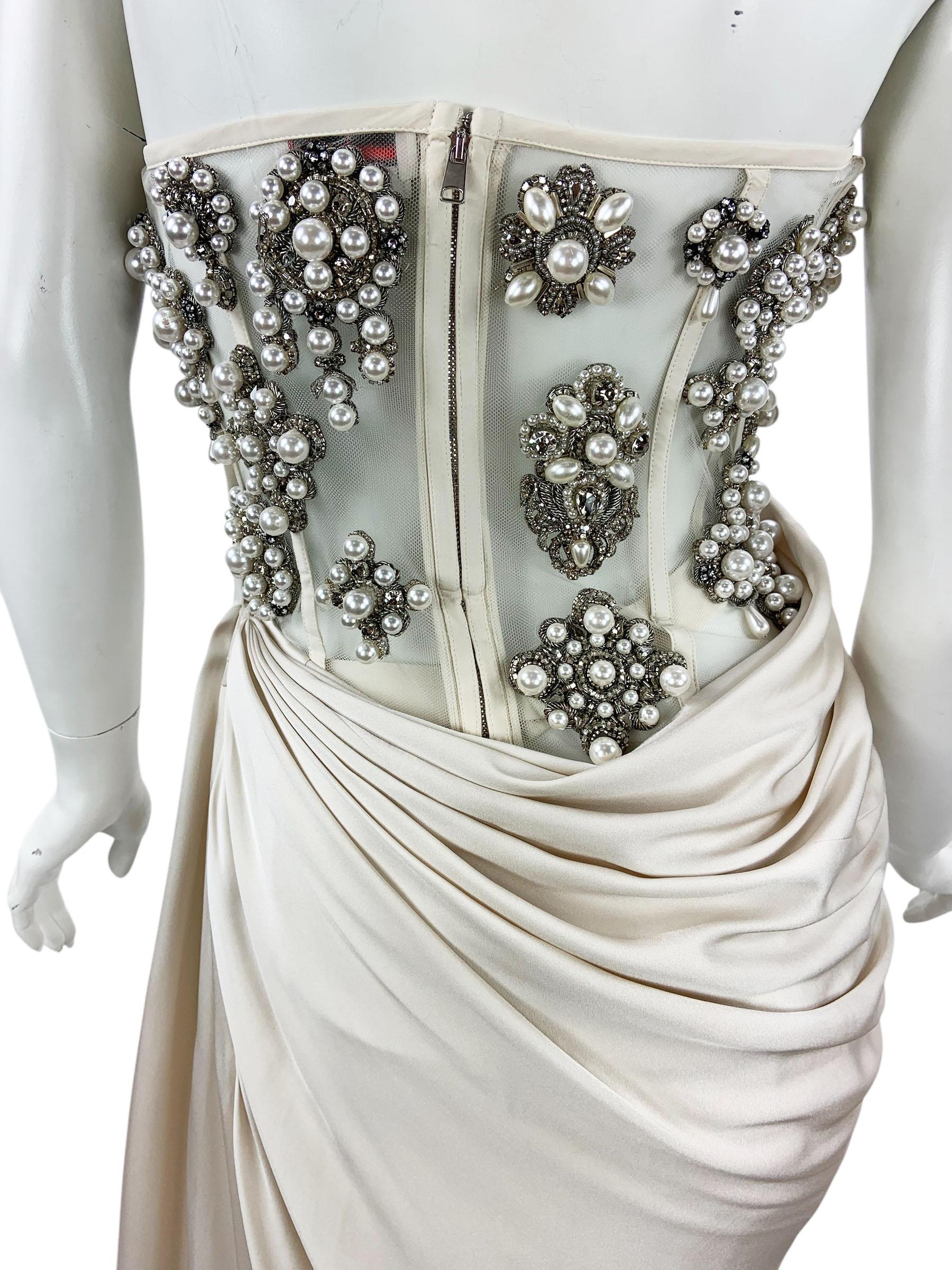 NWT Alexander McQueen SS 2021 Cream Pearl Satin Corset Embellished Dress Gown 40 For Sale 6