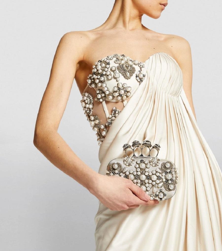NWT Alexander McQueen SS 2021 Cream Pearl Satin Corset Embellished Dress Gown 40 For Sale 7