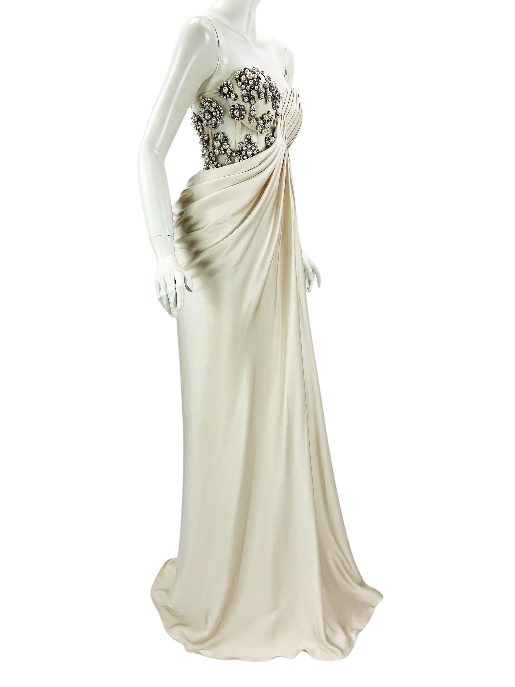 Beige NWT Alexander McQueen SS 2021 Cream Pearl Satin Corset Embellished Dress Gown 40 For Sale