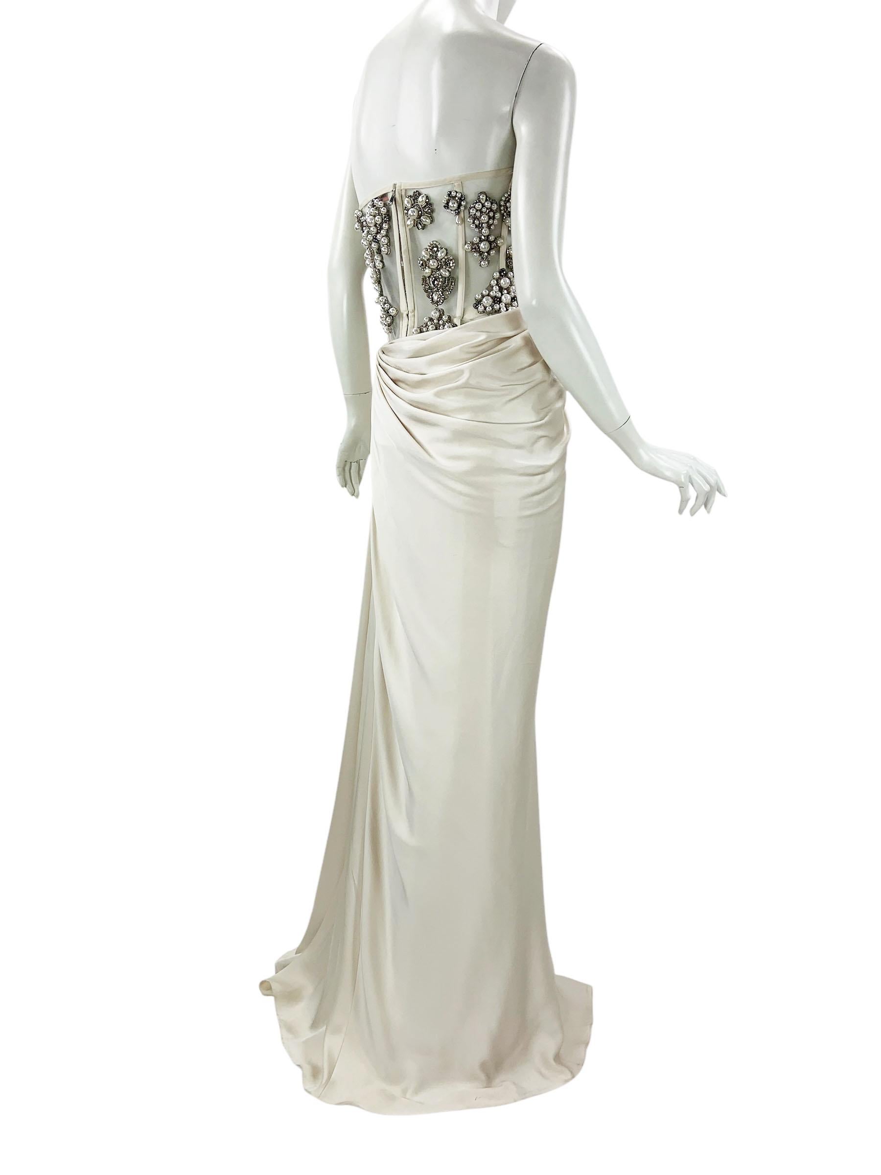 Women's or Men's NWT Alexander McQueen SS 2021 Cream Pearl Satin Corset Embellished Dress Gown 40 For Sale