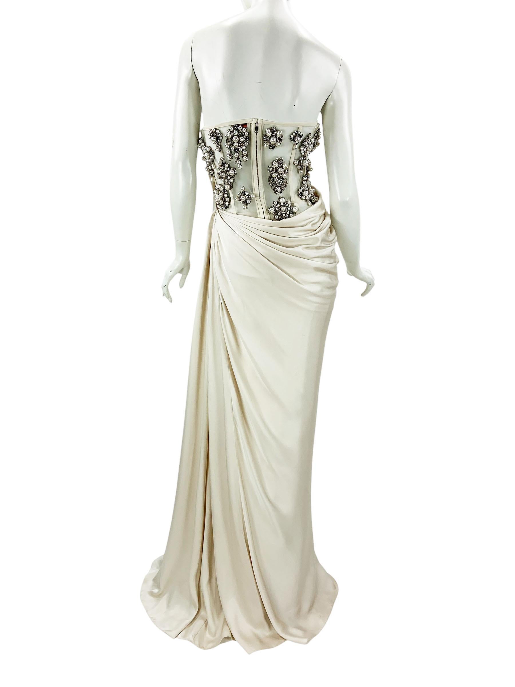 NWT Alexander McQueen SS 2021 Cream Pearl Satin Corset Embellished Dress Gown 40 For Sale 1