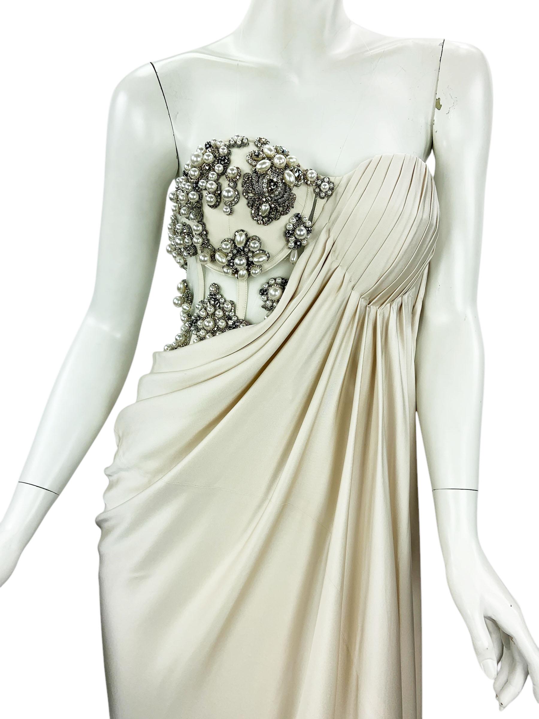 NWT Alexander McQueen SS 2021 Cream Pearl Satin Corset Embellished Dress Gown 40 For Sale 2