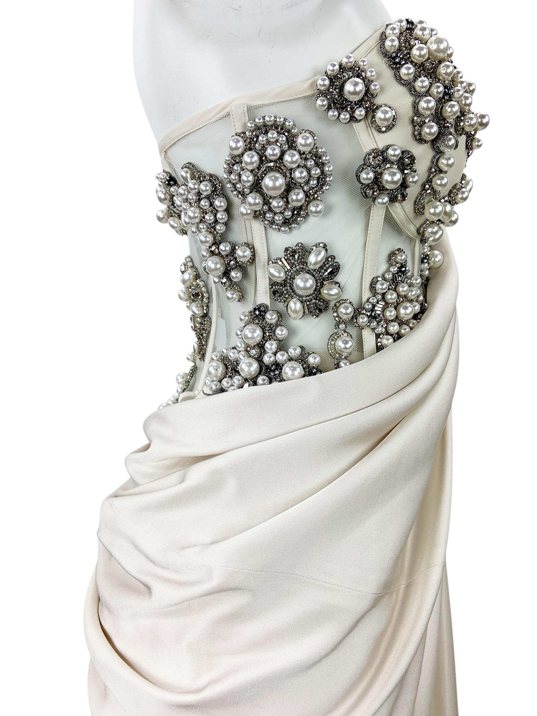 NWT Alexander McQueen SS 2021 Cream Pearl Satin Corset Embellished Dress Gown 40 For Sale 4