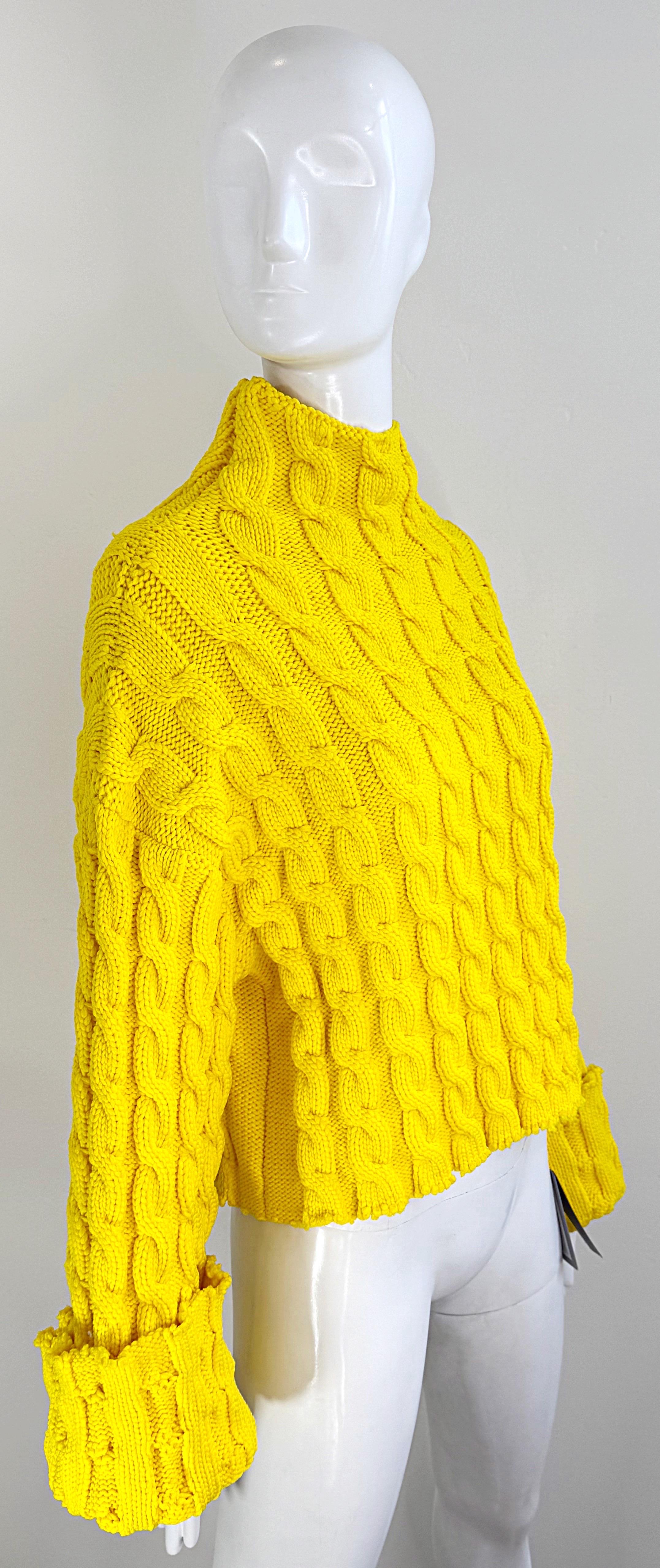 NWT Balenciaga Size Large Bright Yellow Cable Knit Slightly Cropped Sweater For Sale 6