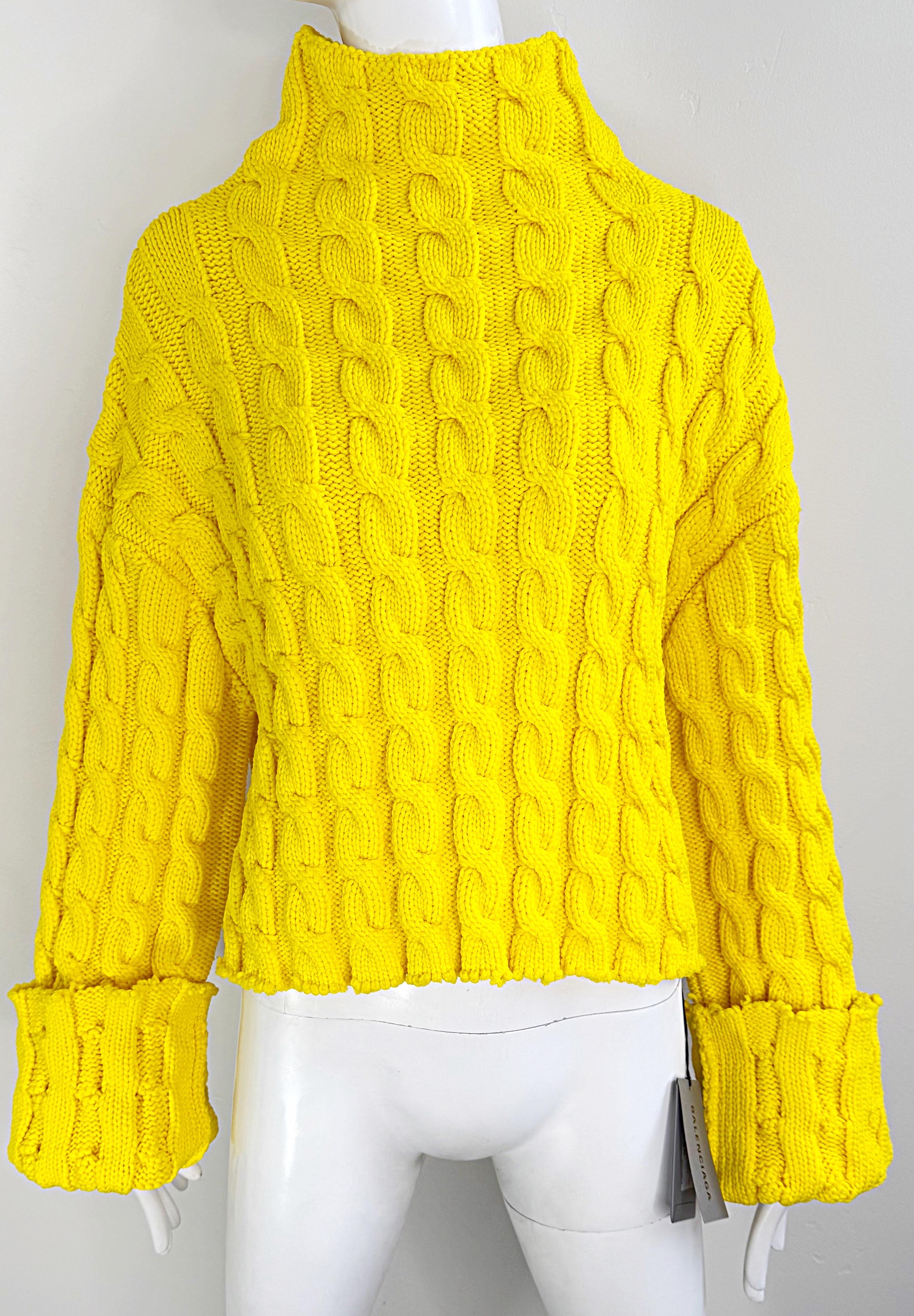 NWT Balenciaga Size Large Bright Yellow Cable Knit Slightly Cropped Sweater For Sale 8