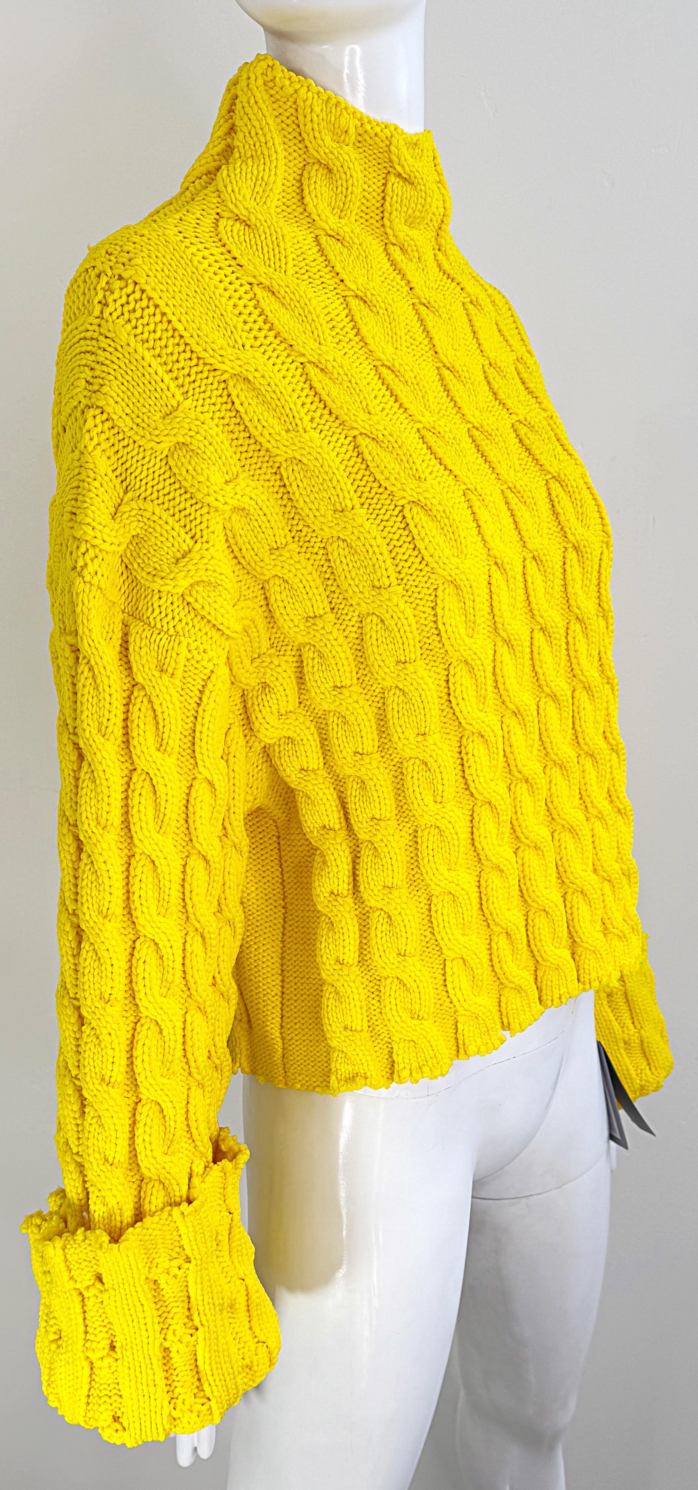NWT Balenciaga Size Large Bright Yellow Cable Knit Slightly Cropped Sweater For Sale 9