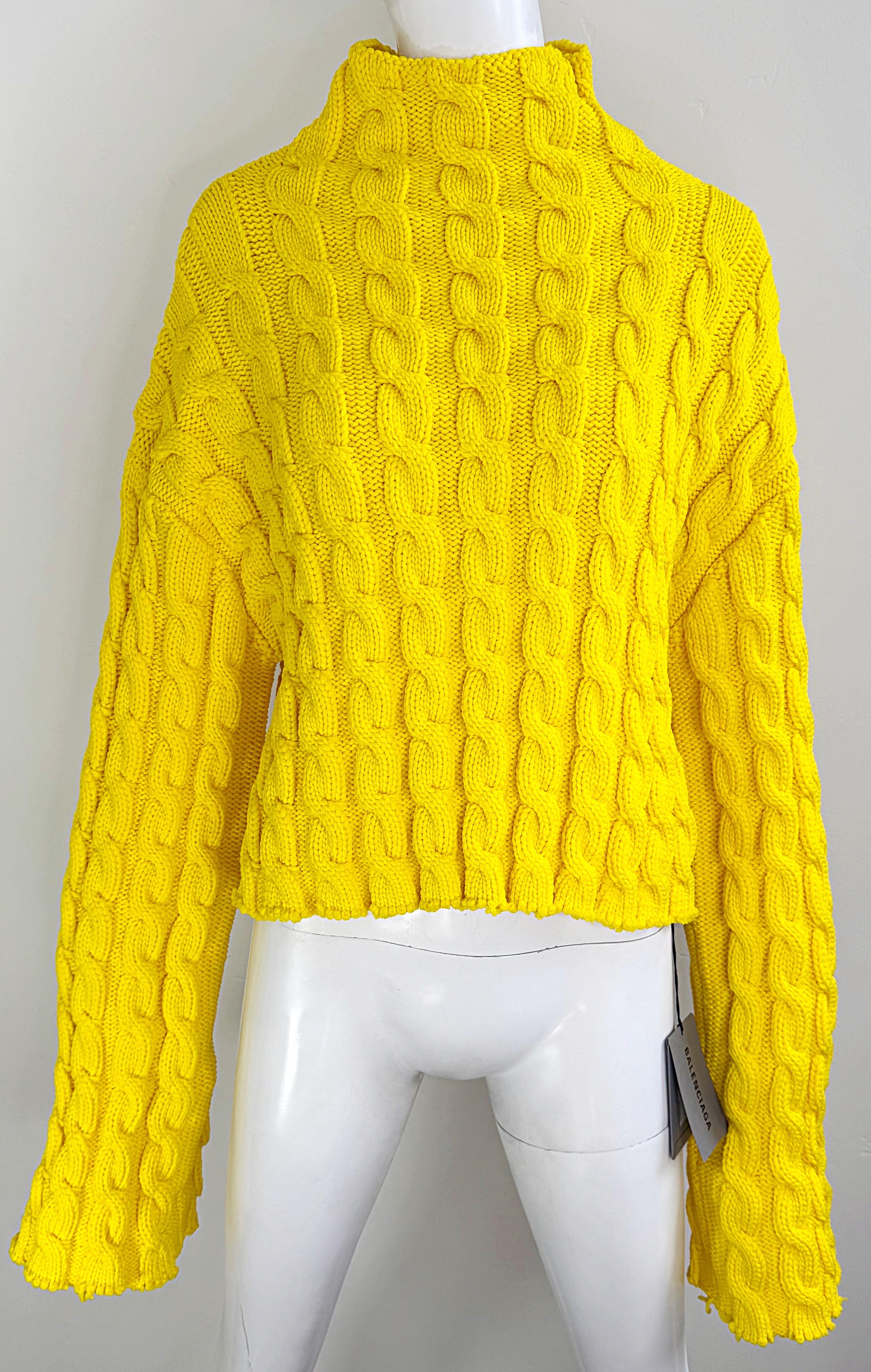 NWT Balenciaga Size Large Bright Yellow Cable Knit Slightly Cropped Sweater For Sale 14