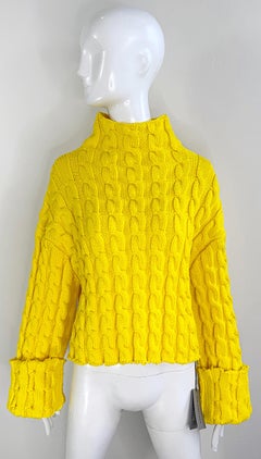 NWT Balenciaga Size Large Bright Yellow Cable Knit Slightly Cropped Sweater