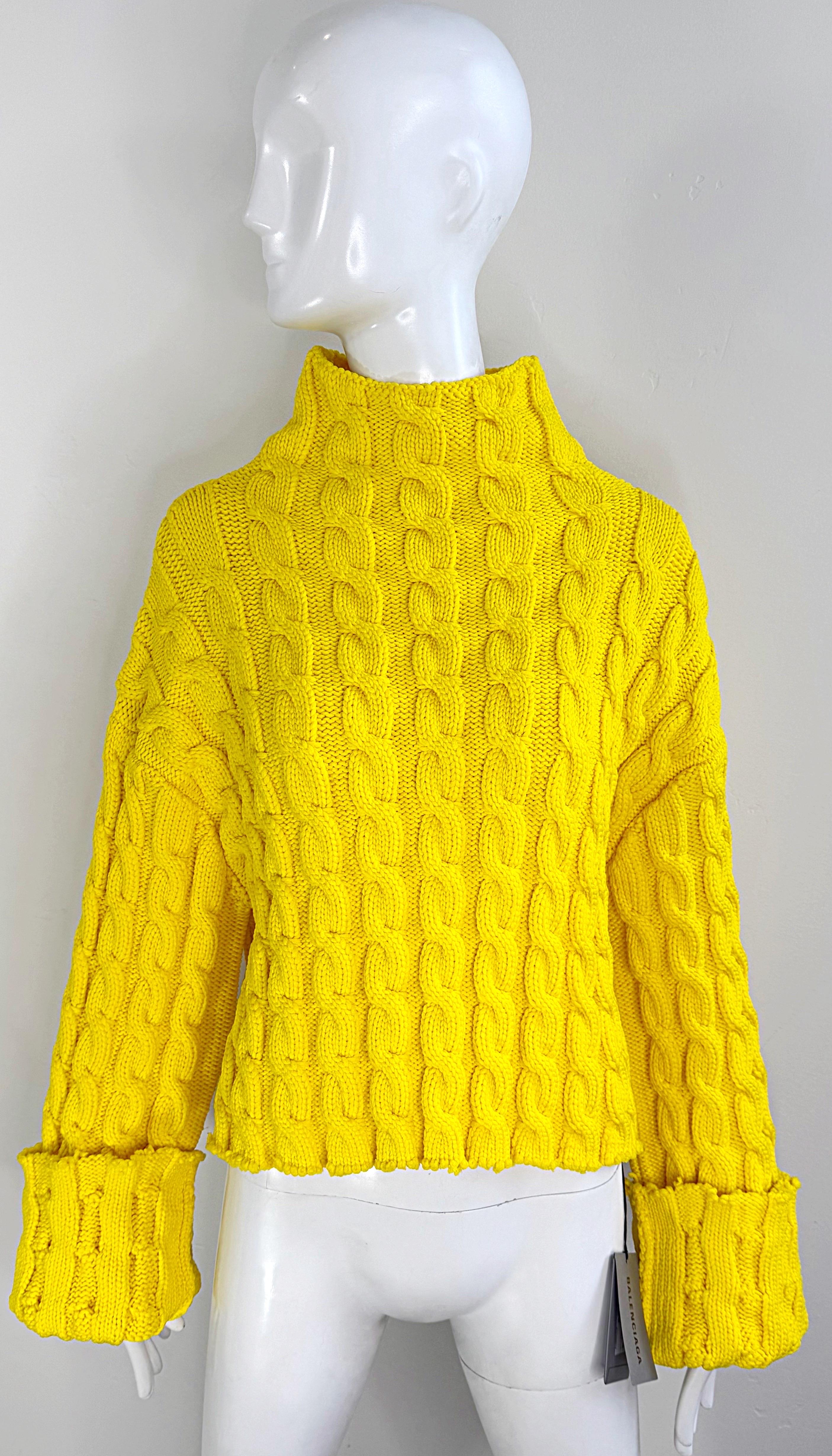 NWT Balenciaga Size Large Bright Yellow Cable Knit Slightly Cropped Sweater For Sale 16
