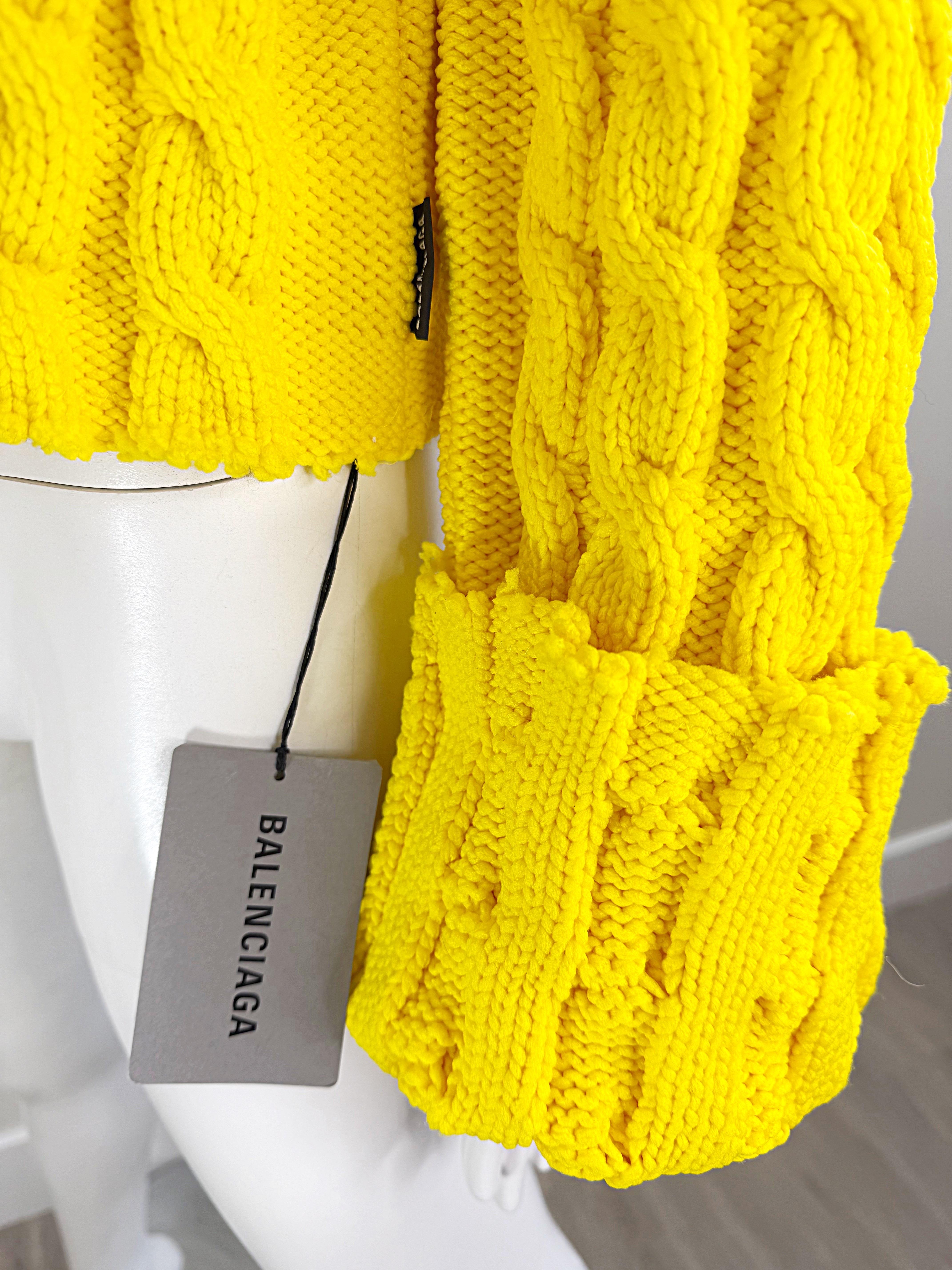 NWT Balenciaga Size Large Bright Yellow Cable Knit Slightly Cropped Sweater For Sale 2