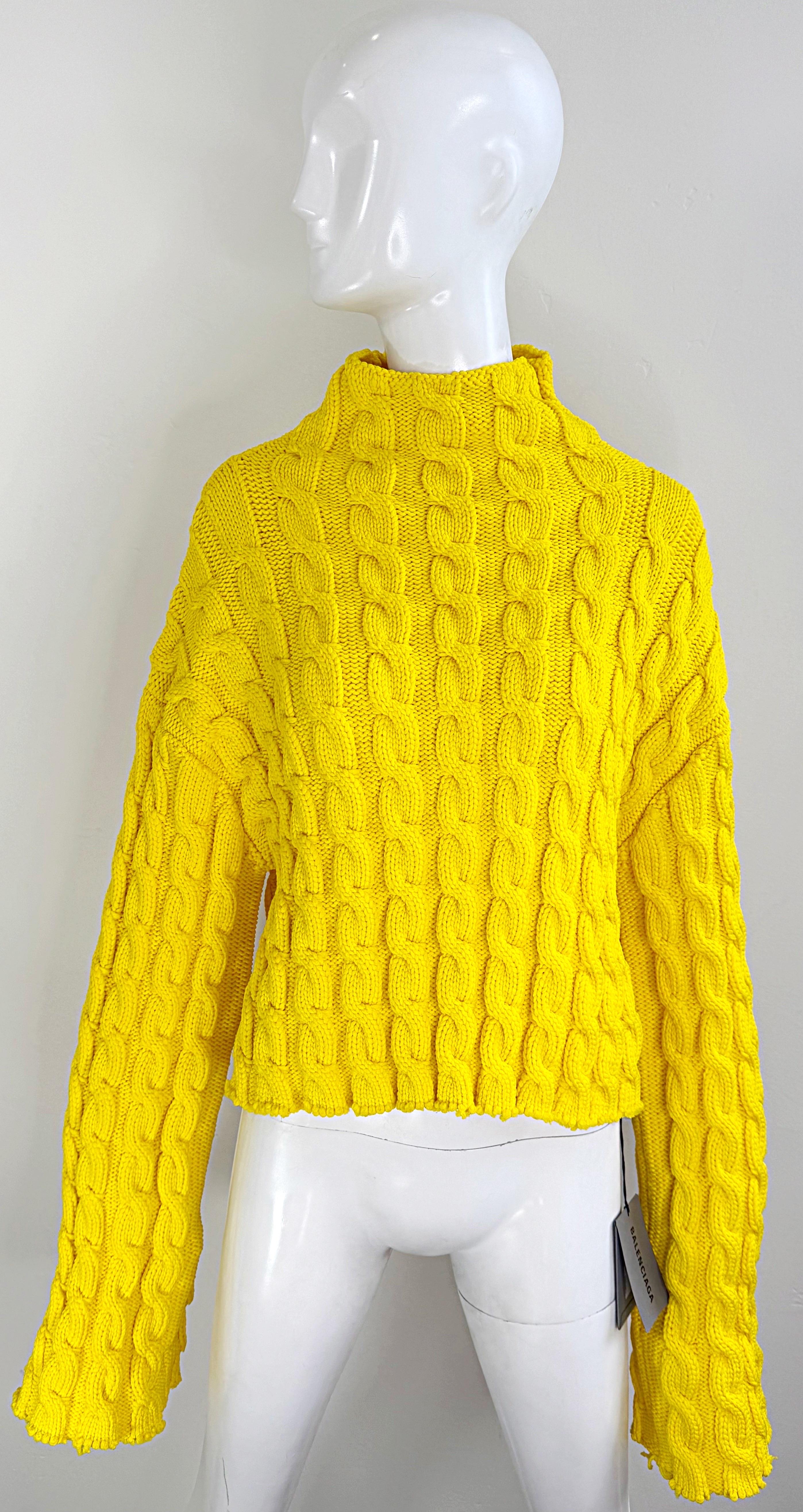 NWT Balenciaga Size Large Bright Yellow Cable Knit Slightly Cropped Sweater For Sale 3
